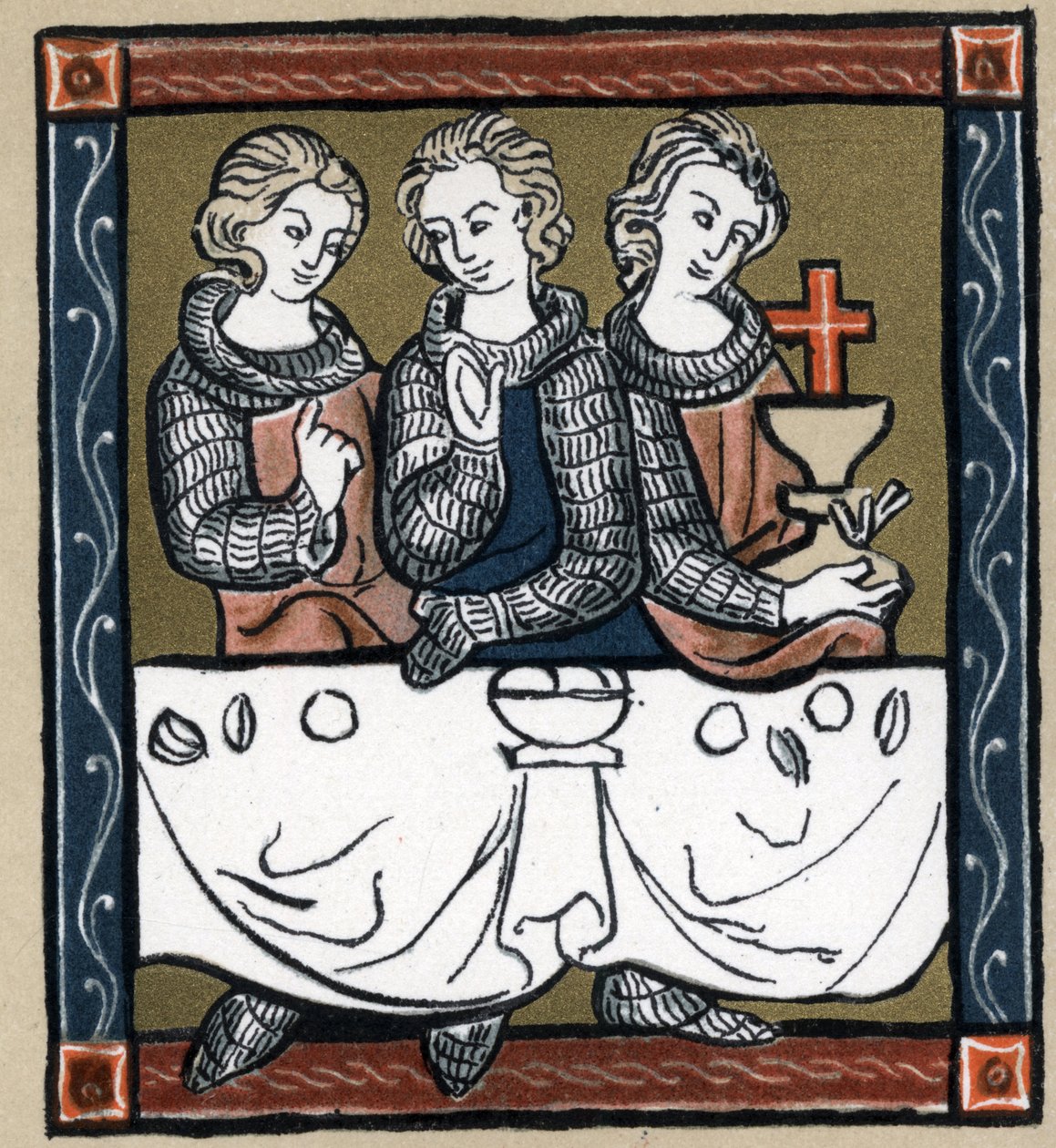 Leggenda Arturiana: Galahad (Gaalad o Galaad), Perceval e Bohort (Bors o Borrt) con il Santo Graal. In 