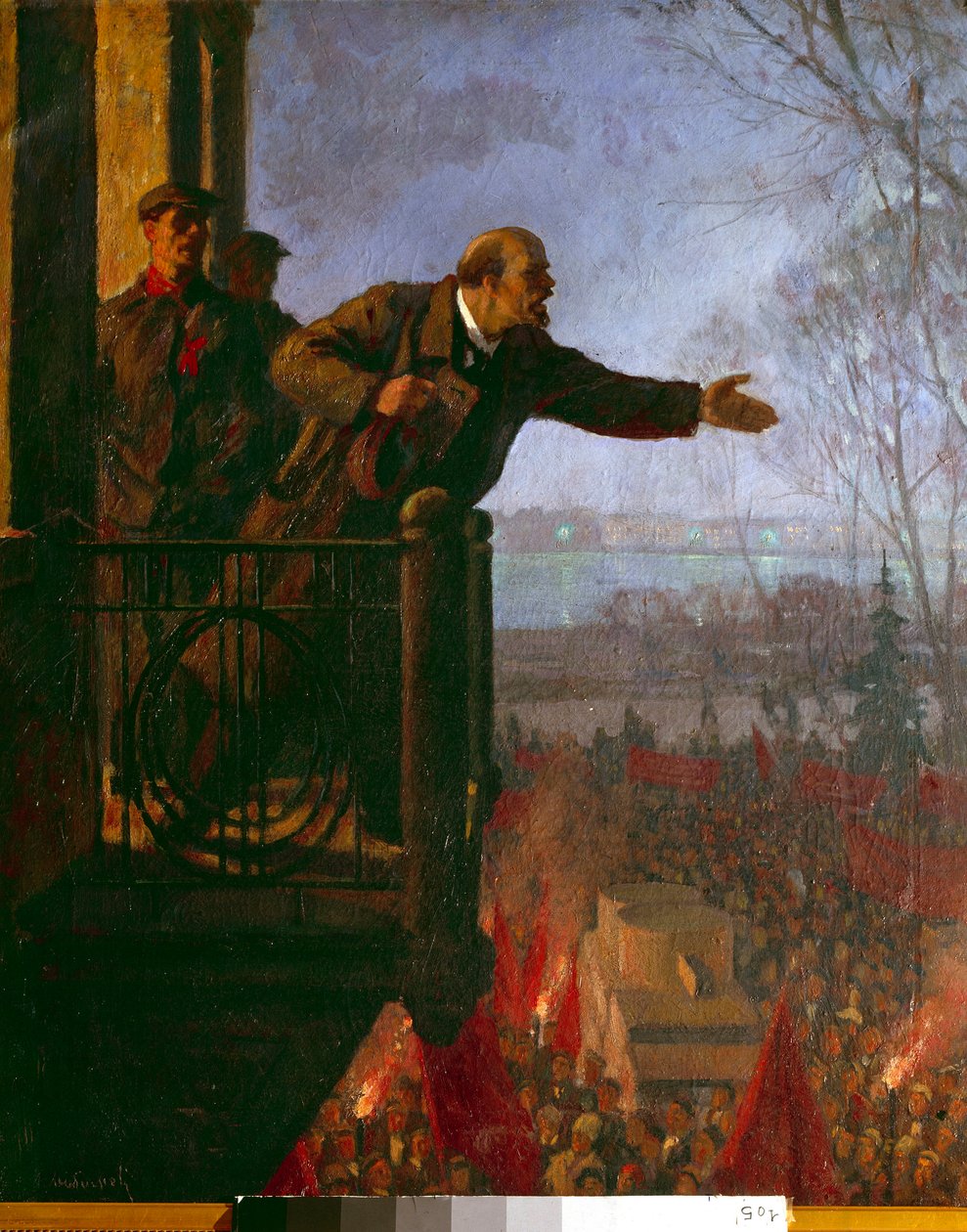 Lenin sul balcone della casa Csechinskaia di notte, aprile 1917 (olio su tela) da Unknown Artist