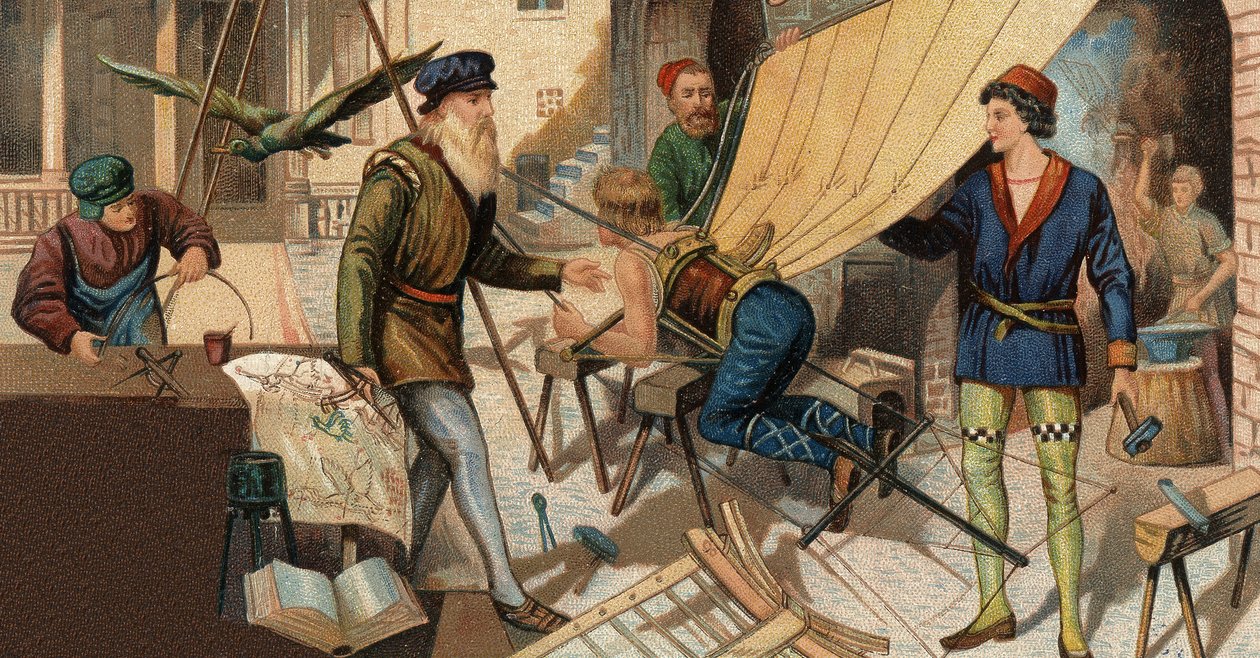 Leonardo da Vinci (Leonardo da Vinci 1452-1519) sperimenta la sua macchina volante. Cromolitografia del XIX secolo da Unknown artist