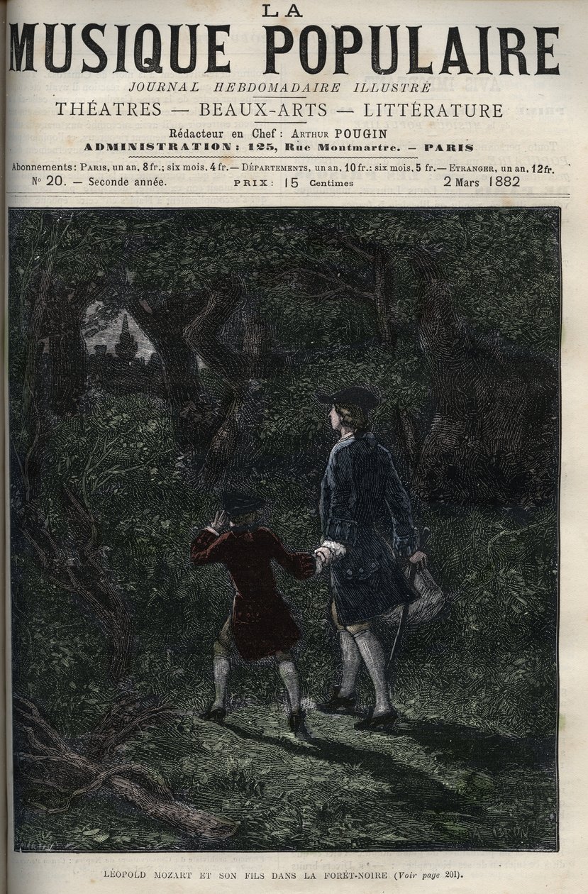 Leopold Mozart e suo figlio Wolfgang Amadeus nella Foresta Nera - Leopold Mozart e suo figlio Wolfgang Amadeus nella Foresta Nera in Germania - incisione in "La musique populaire" settimanale illustrato - 1882 da Unknown artist