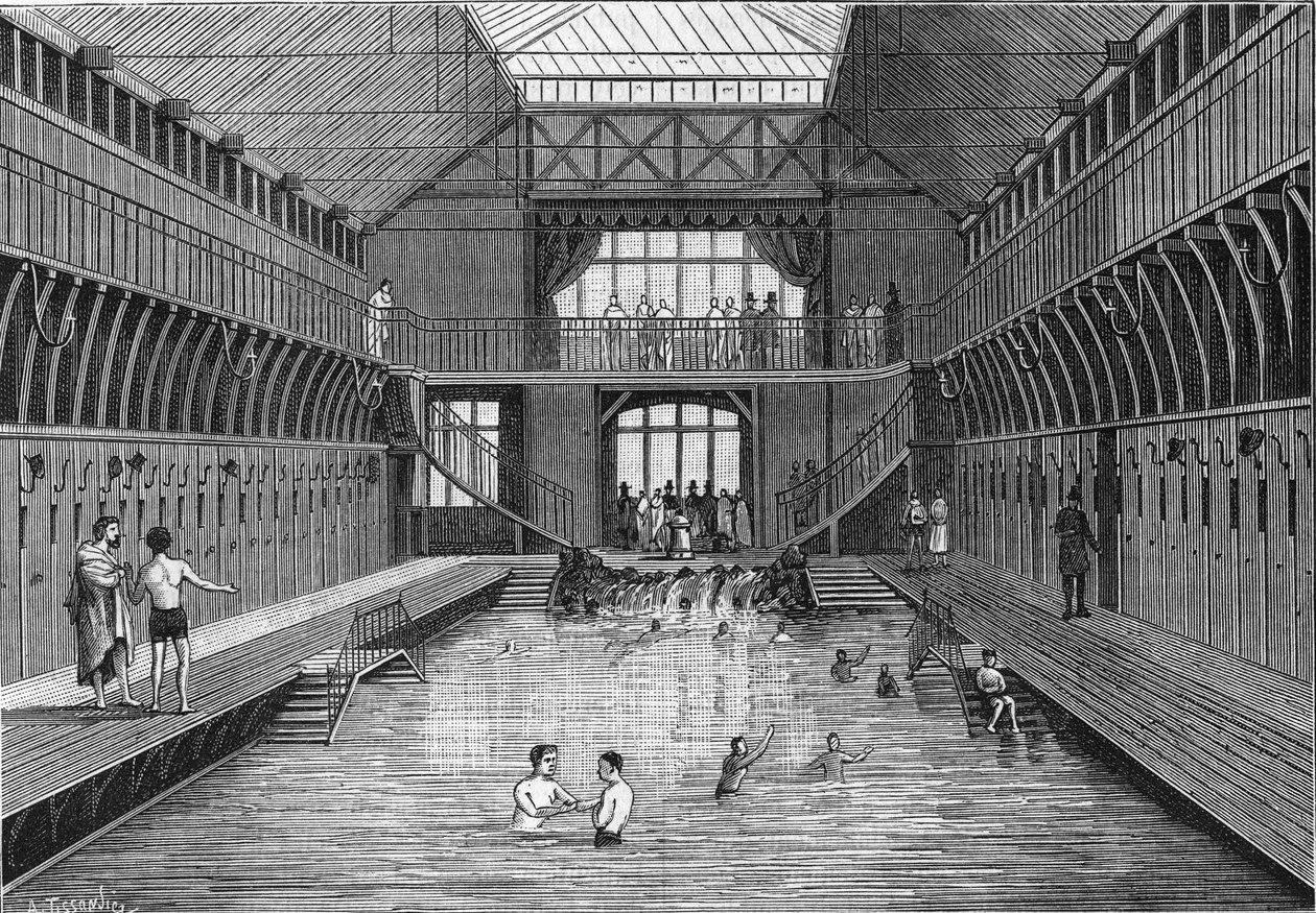 I bagni pubblici a buon mercato di rue Chateau-Landon a Parigi nel 1884. in "La Nature. Revue des sciences et de leurs applications aux arts et à l
