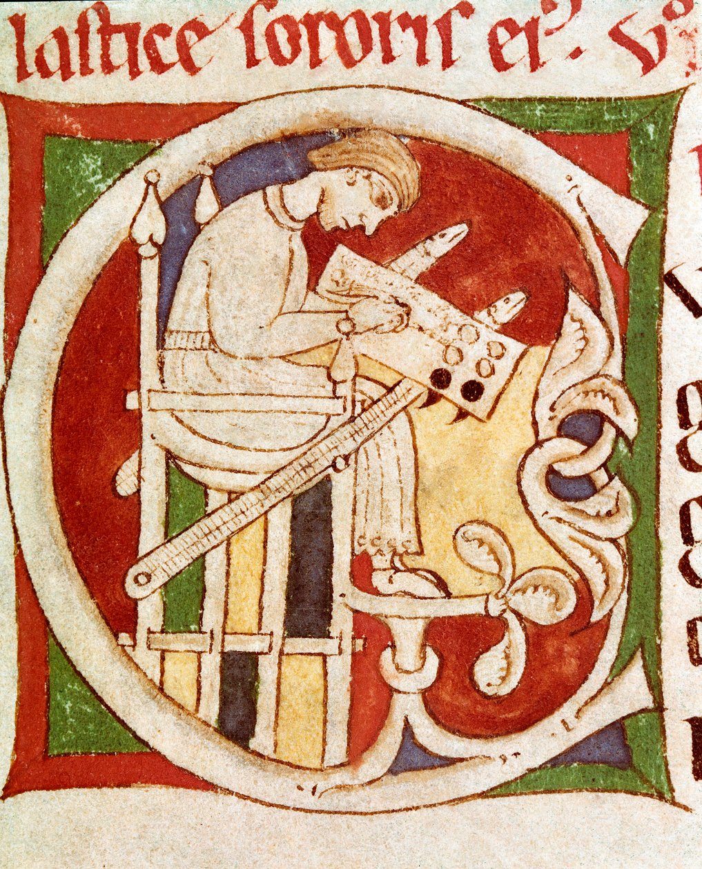 Lettera C adornata con un monaco che scrive su una scrivania. Miniatura da "Vita dei santi" 12° secolo Coimbra, biblioteca universitaria da Unknown artist