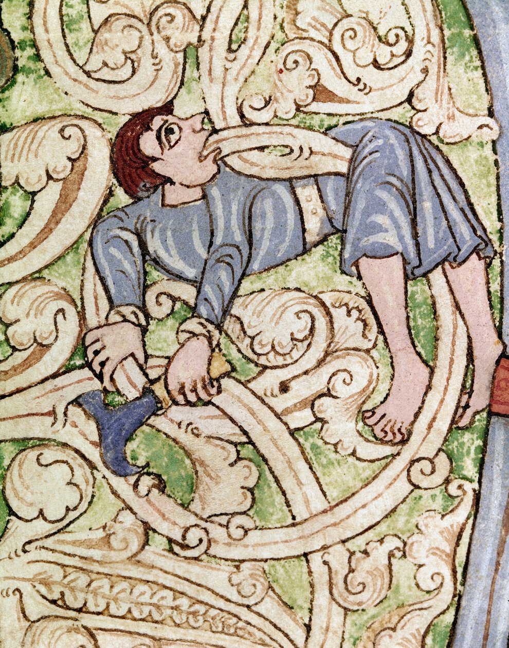 Lettera C decorata con la rappresentazione di un boscaiolo. Miniatura da una Bibbia (Antico Testamento) (Ms 3088) XII secolo da Unknown artist