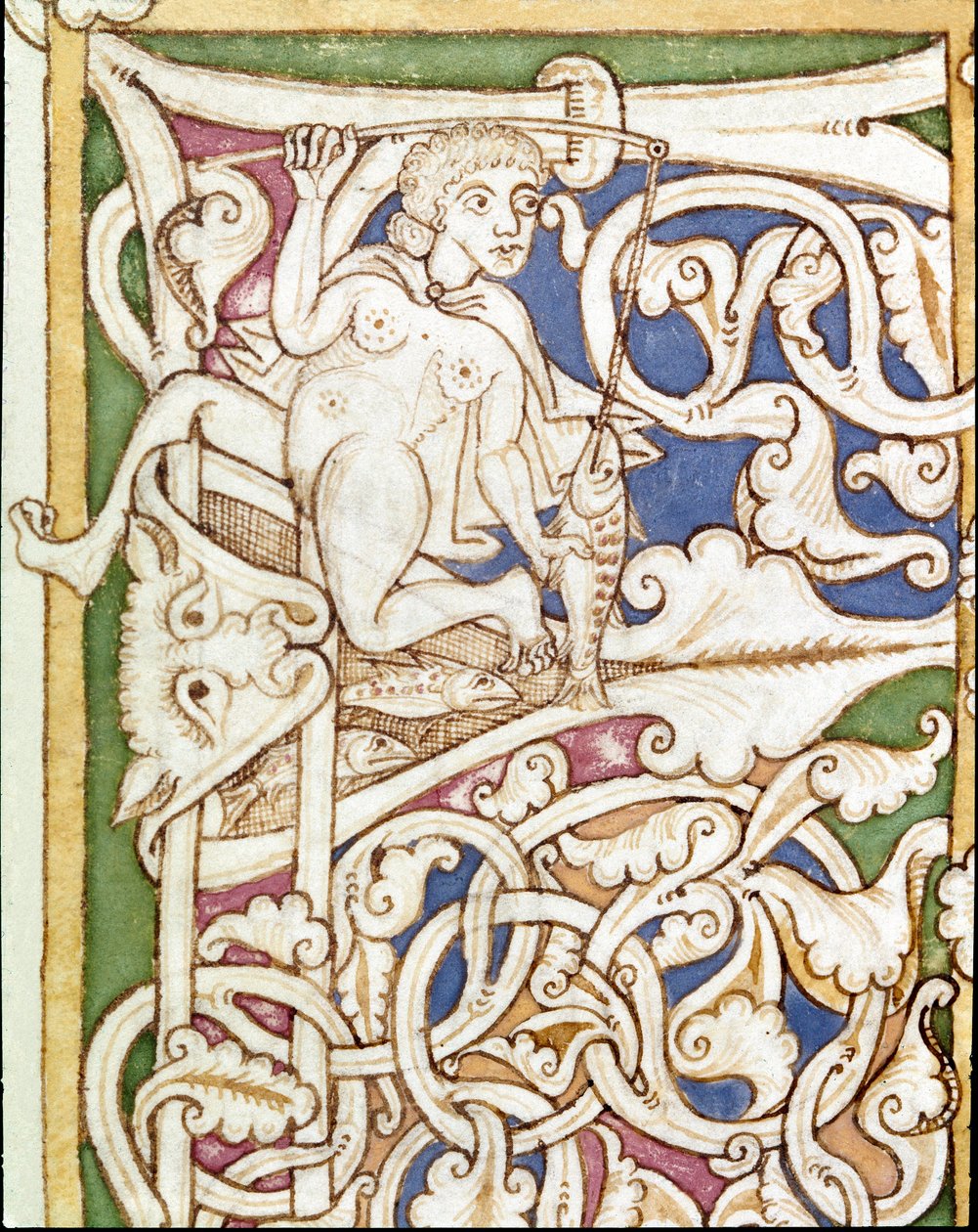 Lettera P decorata con la rappresentazione di una donna che pesca un pesce. Miniatura da una Bibbia (Antico Testamento) (Ms 3088) XII secolo. Coimbra, Biblioteca Universitaria da Unknown artist