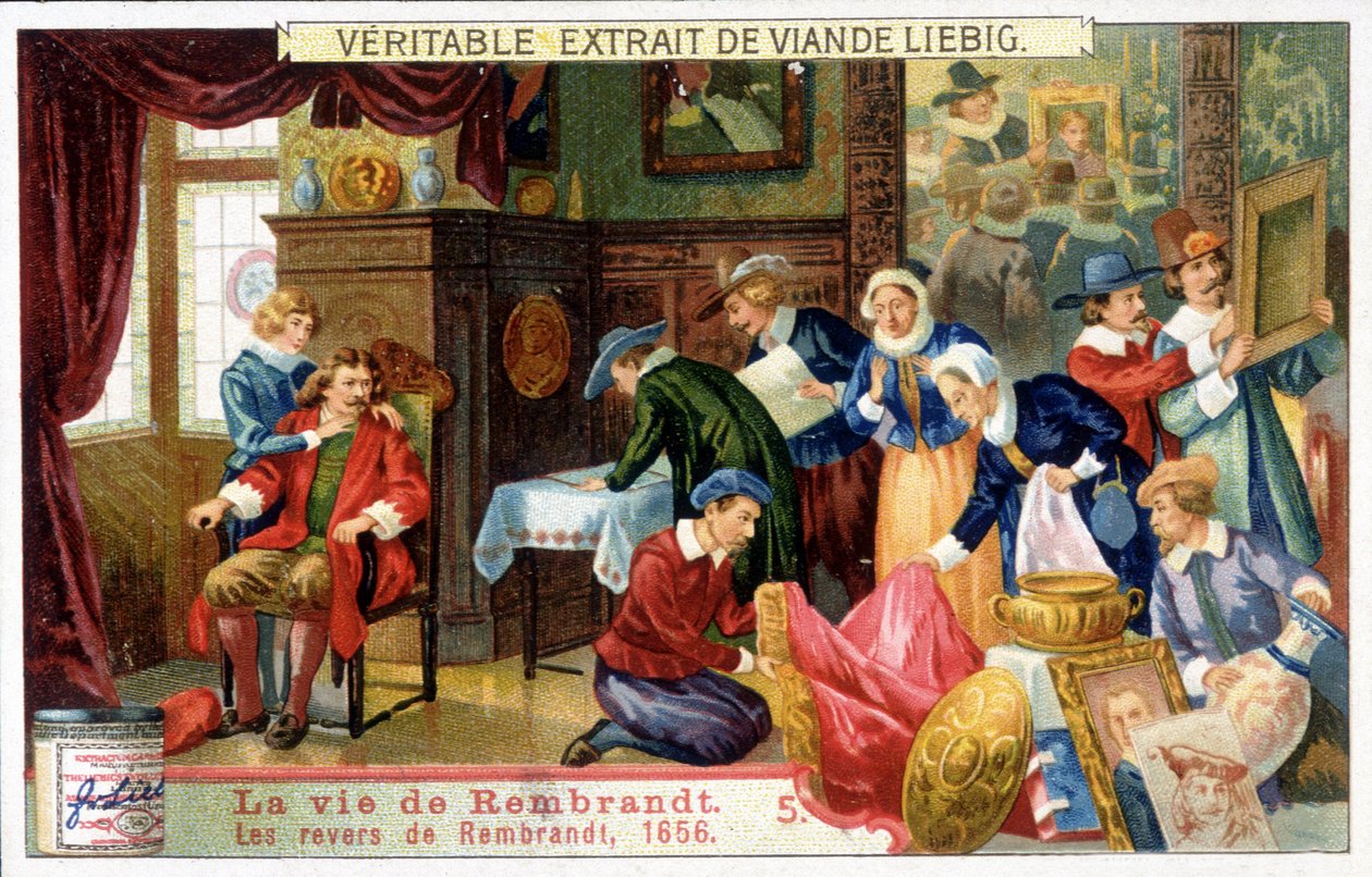 Cromolitografia Liebig sulla vita di Rembrandt (1606 - 1669), pittore olandese. Questo è il periodo delle difficoltà di Rembrandt nel 1656. da Unknown artist