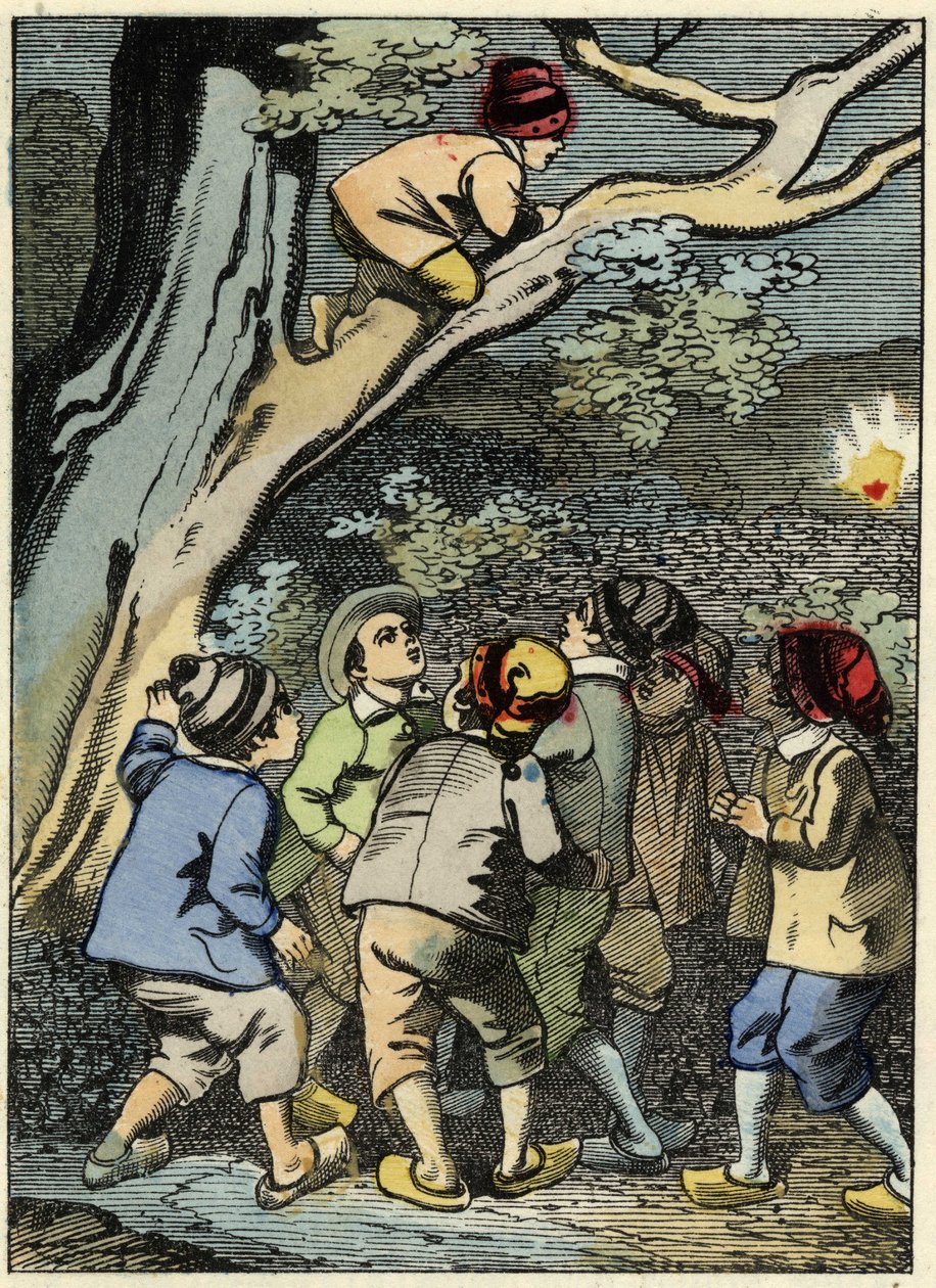 Pollicino sale su un albero e cerca la sua strada. Sta raccogliendo una luce nella foresta. Illustrazione della fiaba "Pollicino" di Charles Perrault da Unknown artist