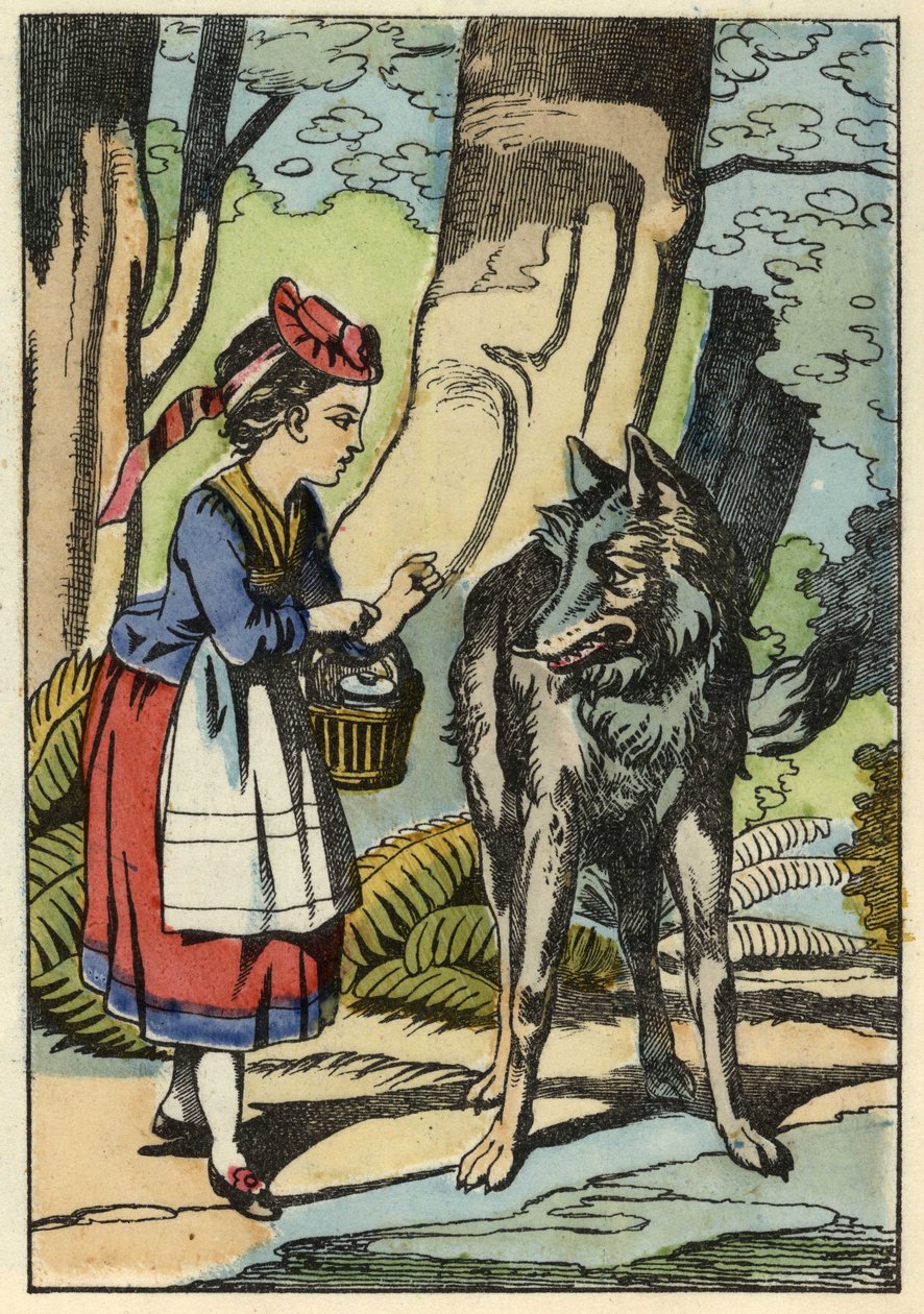 Cappuccetto Rosso incontra il lupo nella foresta. Illustrazione del racconto "Cappuccetto Rosso" di Charles Perrault da Unknown artist