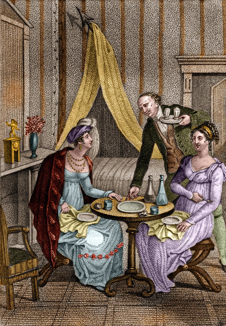 Piccola cena. Olympe de Gouges (1748-1793), donna di lettere e rivoluzionaria francese con Céline una delle sue amiche. In "Consigli a mia figlia" di Jean Nicolas Bouilly (1763-1842). 1820. Collezione privata da Unknown artist