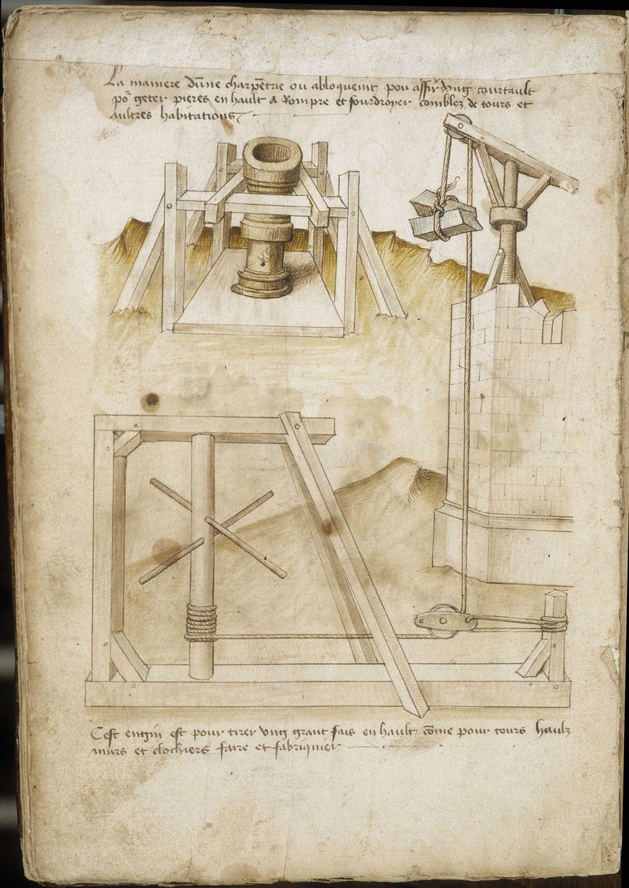Sistema di elevazione del carico per il cantiere - Manoscritto: foglio di pergamena di un manuale di ingegneria per la costruzione di edifici civili, religiosi e militari, anonimo, fine XV secolo (figura in inchiostro cinese) da Unknown artist