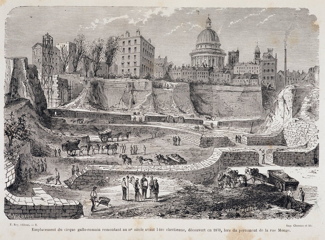 Ubicazione del circo gallo-romano risalente al III secolo a.C., scoperto nel 1870, durante la perforazione di Rue Monge da Unknown artist