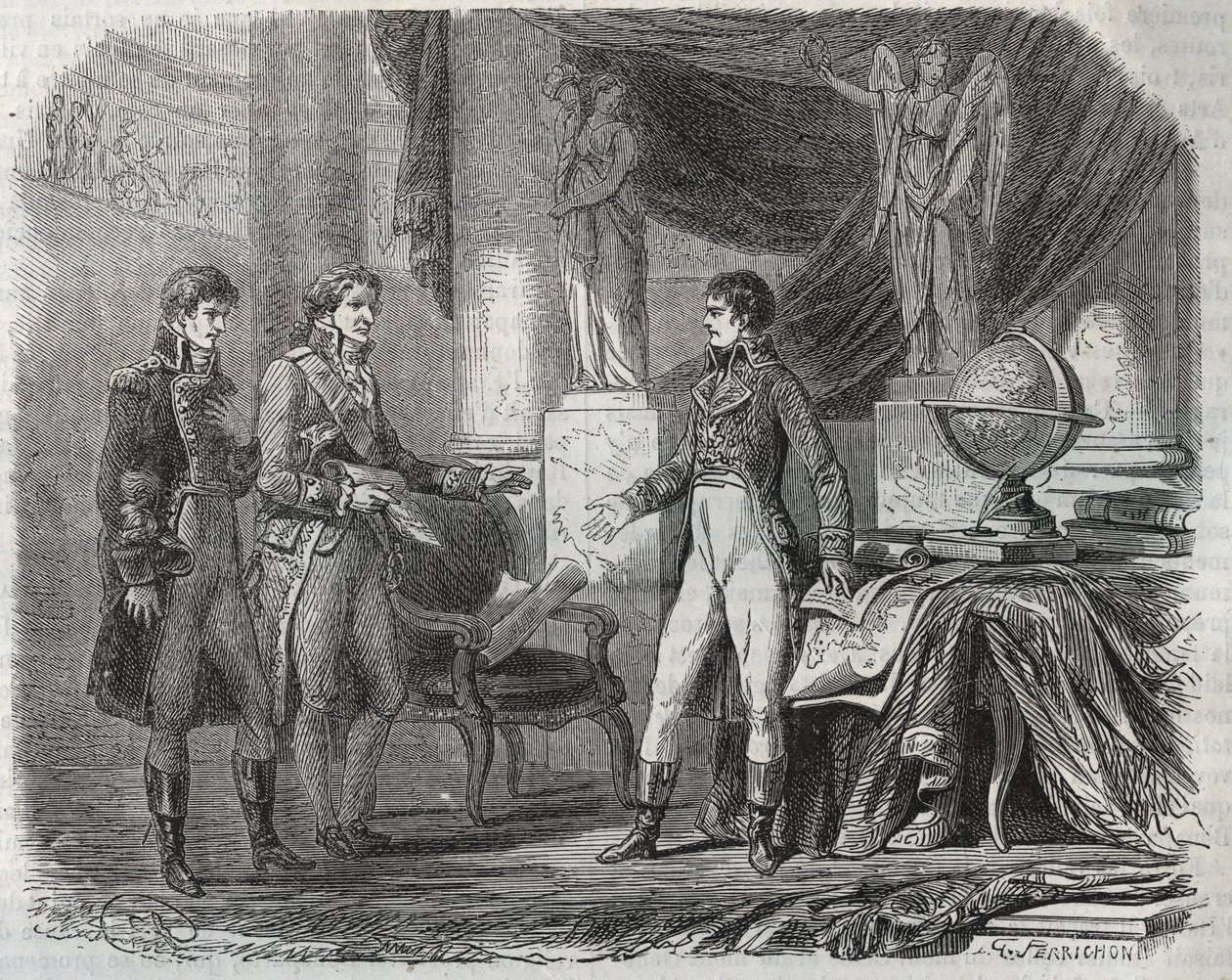 Lord Cornwallis (1738-1805) negozia il Trattato di Amiens (1802) con Napoleone Bonaparte (1769-1821) - la Pace di Amiens, Francia da Unknown artist
