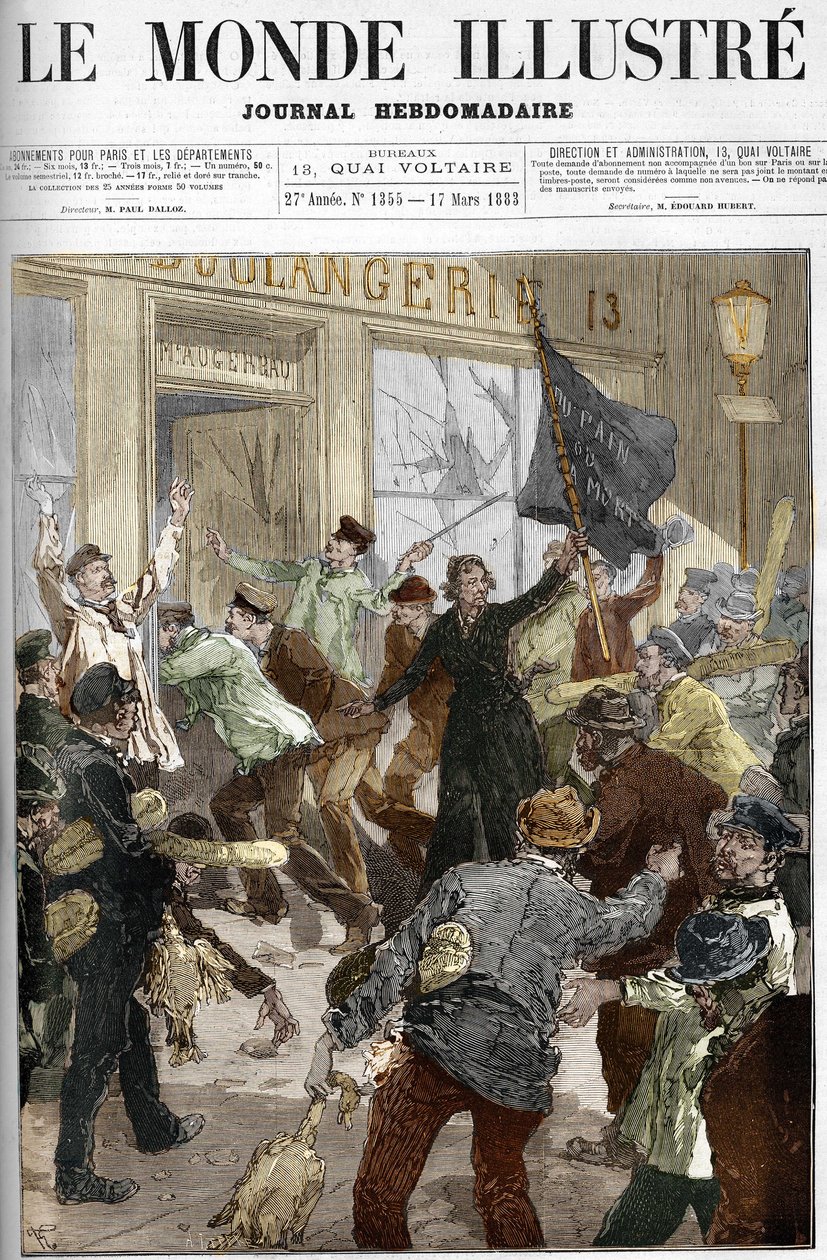 Louise Michel (1833-1905), rivoluzionaria francese, sventola una bandiera nera con la scritta 