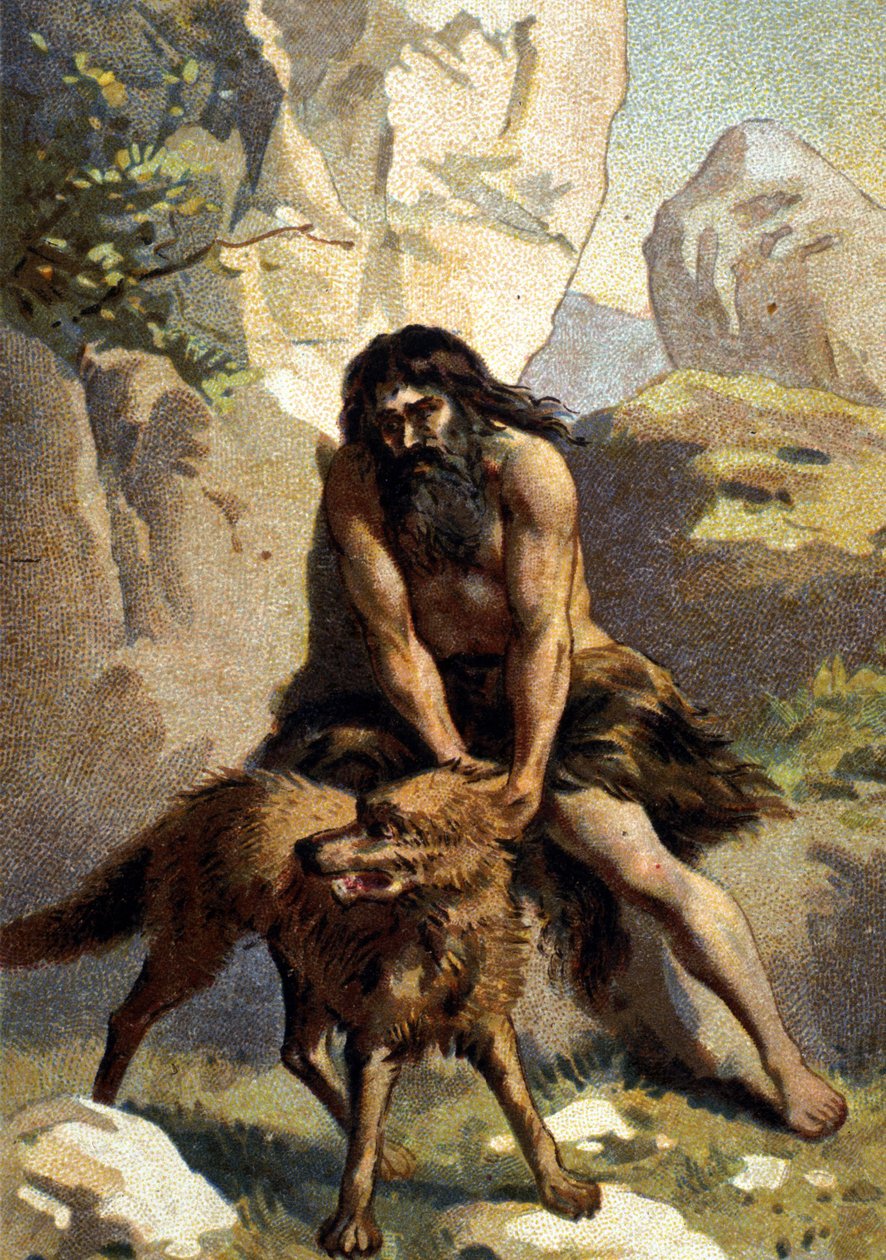 Licantropia: Delirio di chi pensa di essere trasformato in un lupo. Cromolitografia del XIX secolo da Unknown artist