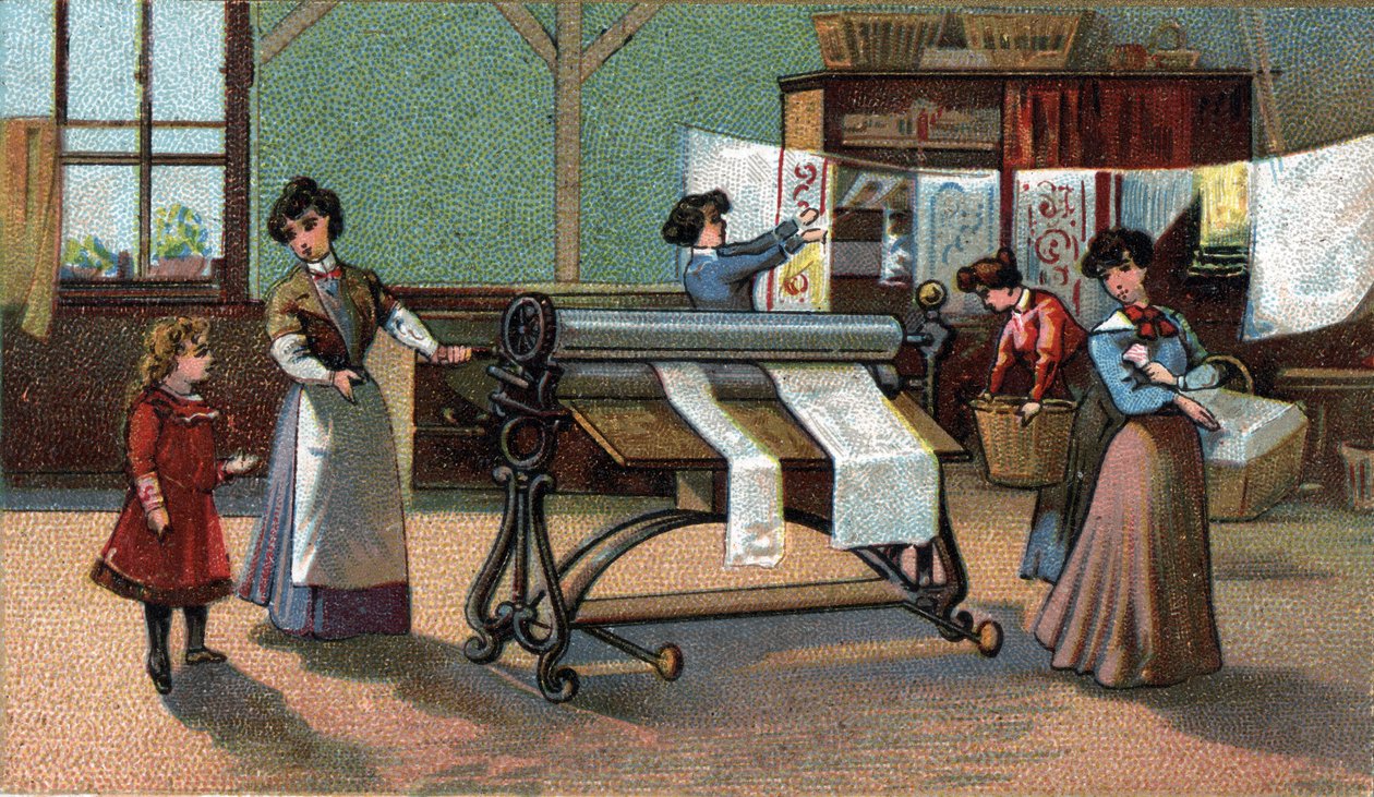 Macchina stiratrice. Cromolitografia della fine del XIX secolo. da Unknown artist