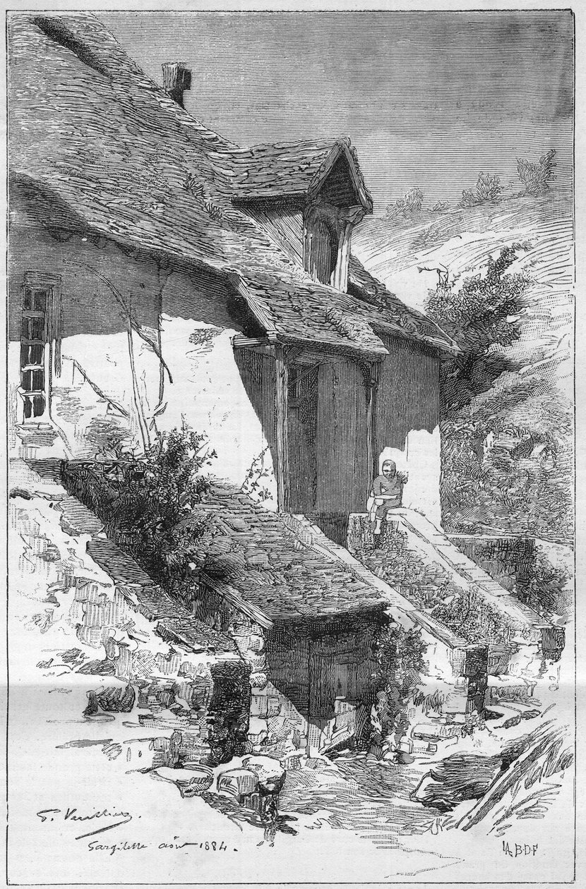 Casa di George Sand (Aurore Dupin, Baronne Dudevant) (1804-1876), scrittrice francese, a Gargilesse (Indre) sulle rive della Creuse in Francia. Incisione in "Le Monde Illustré" da Unknown artist