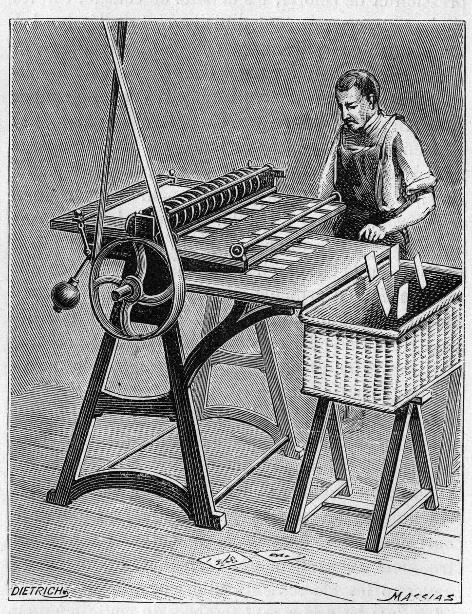Fabbricazione di carte da gioco con metodi antichi. Decoupage di carte da gioco. Incisione del 1893 da Unknown artist