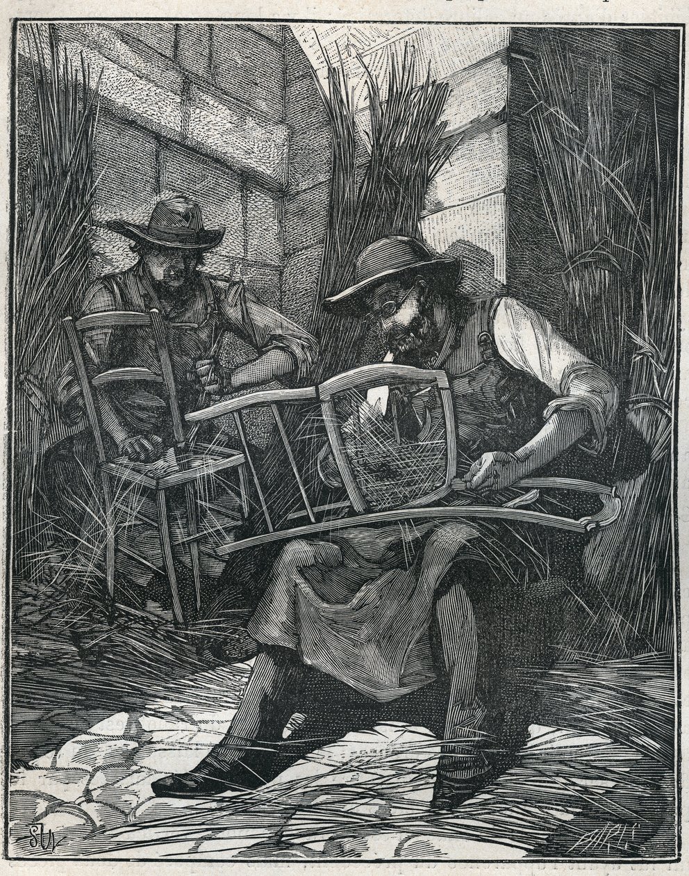 Fabbricazione di sedie: impagliatura e caning di sedie. Incisione del 1885 in "Les arts et métiers illustrés" di Adolphe Bitard. da Unknown artist