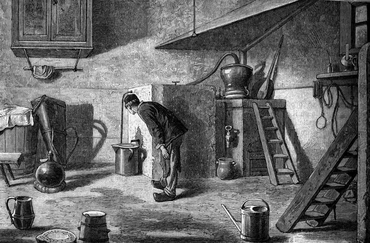 Fabbricazione del kirsch: distillazione, castello di Isenberg in Alsazia. Incisione in "Le Journal de la jeunesse" da Unknown artist
