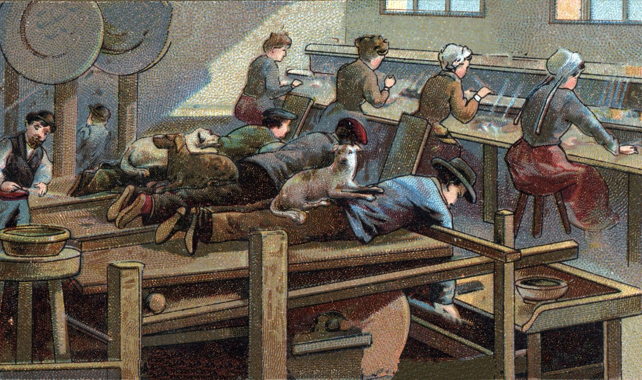 Fabbricazione di coltelli, laboratorio di stampaggio. Cromolitografia della fine del XIX secolo da Unknown artist