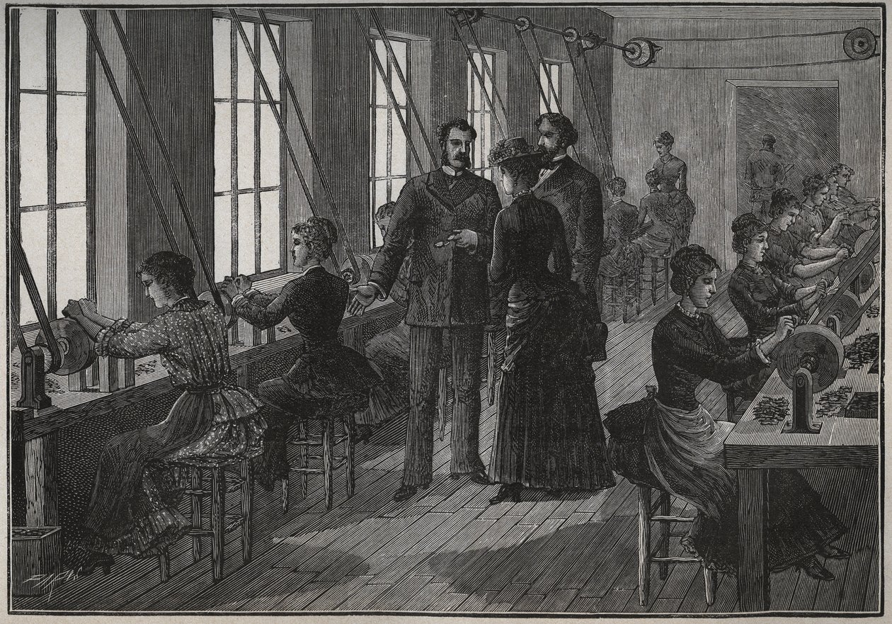 Fabbricazione di piume di metallo: officina di affilatura in Francia nel XIX secolo. Incisione del 1885 in 