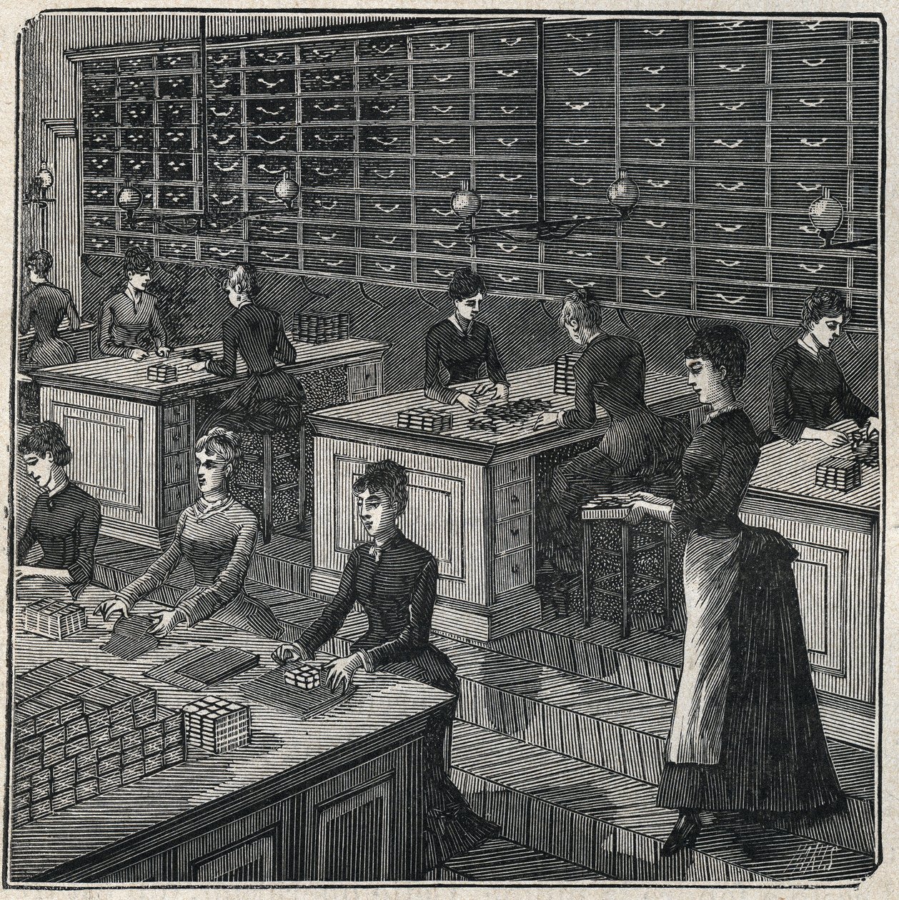 Fabbricazione di piume di metallo: selezione e confezionamento delle piume in una fabbrica in Francia nel XIX secolo. Incisione del 1885 in 