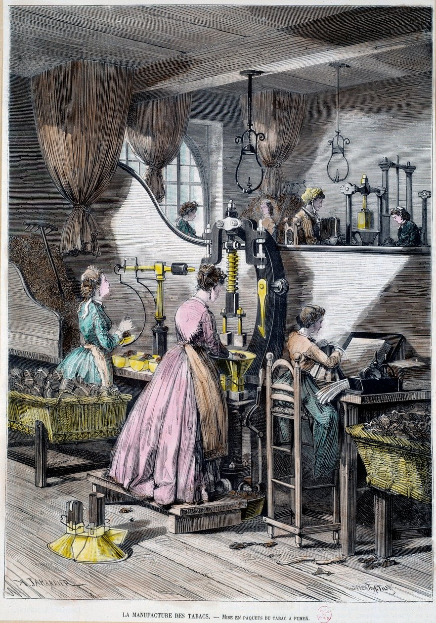 Fabbrica di tabacco, confezionamento del tabacco da fumo. Litografia del 1867 Parigi, Museo Carnavalet da Unknown artist