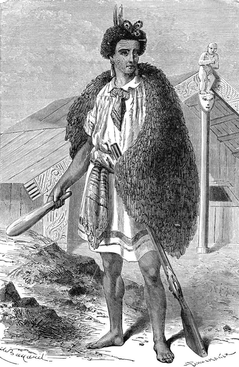 Capo Maori nei pressi di Auckland, Nuova Zelanda. Incisione 1885 da Unknown artist