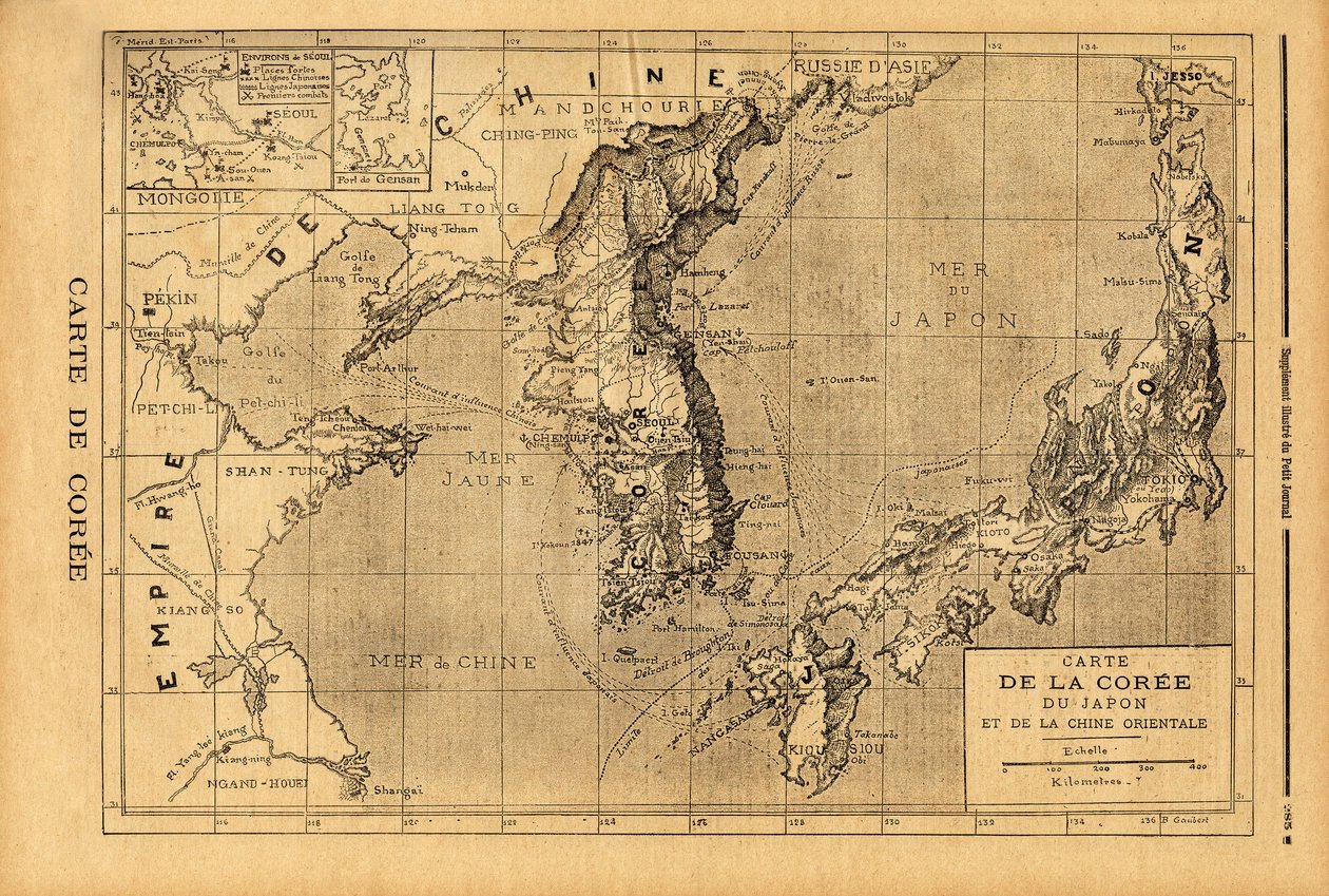 Mappa della Corea, Giappone e Cina orientale. Incisione in "Le petit journal" 3/09/1894. Collezione Selva da Unknown artist