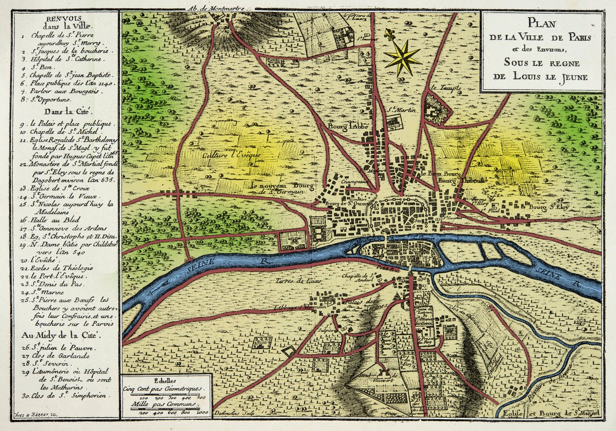 Mappa della città di Parigi sotto il regno di Luigi il Giovane (Luigi VII 1120-1180) Re dei Franchi, Incisione XIX secolo da Unknown artist