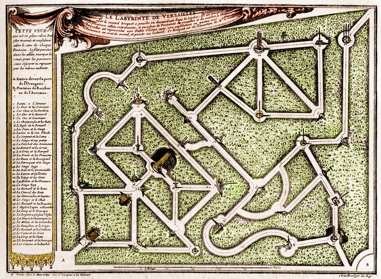Mappa del labirinto nel parco del castello di Versailles, creato da André Le Nôtre (1613-1700). Incisione in "La Nature. Revue des sciences et de ses applications aux arts et à l