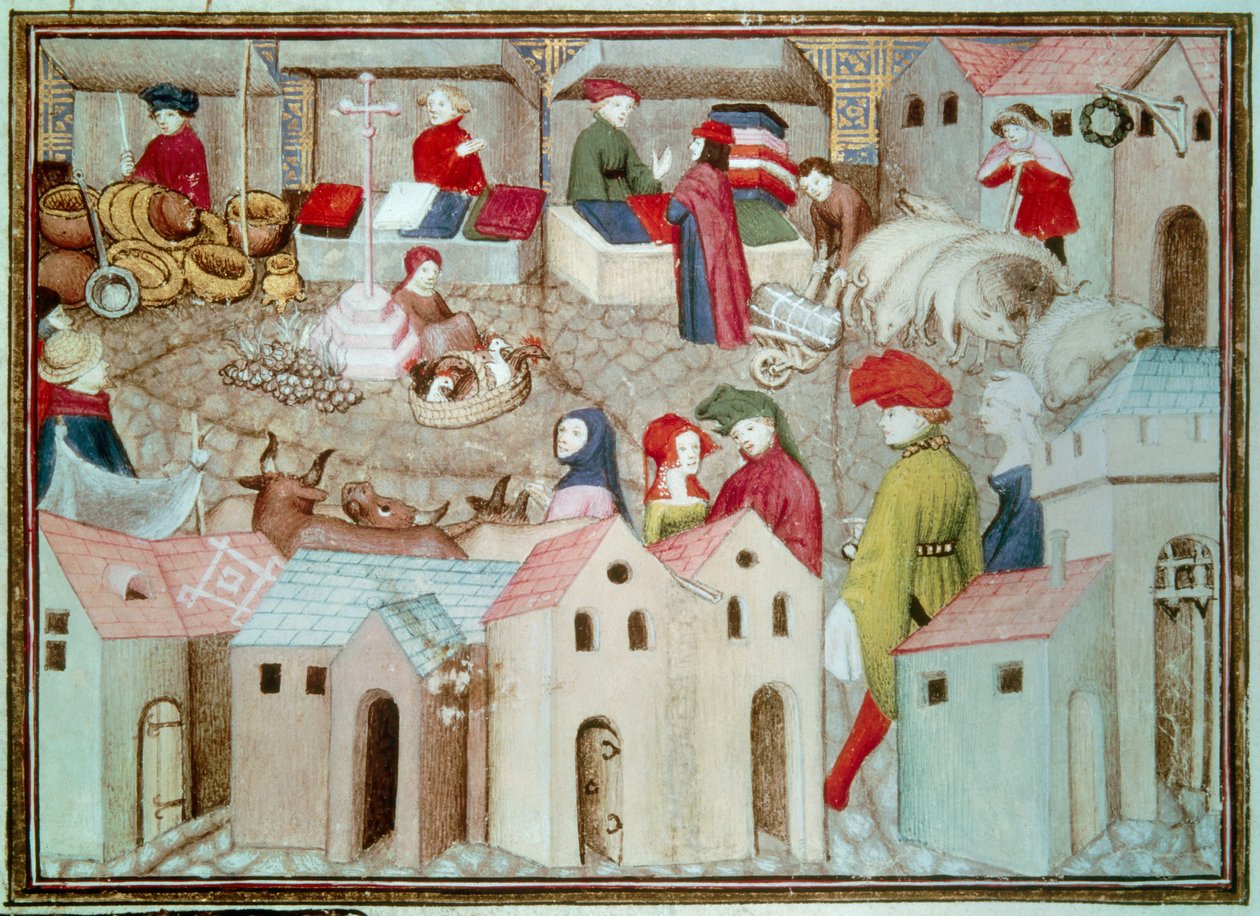 Marche de Champeaux a Parigi. Commercianti di bestiame e pollame, drappieri. Miniatura tratta da "Il cavaliere errante" di Thomas de Saluces (Tommaso III di Saluzzo), circa 1403-1404. Parigi, B.N. da Unknown artist