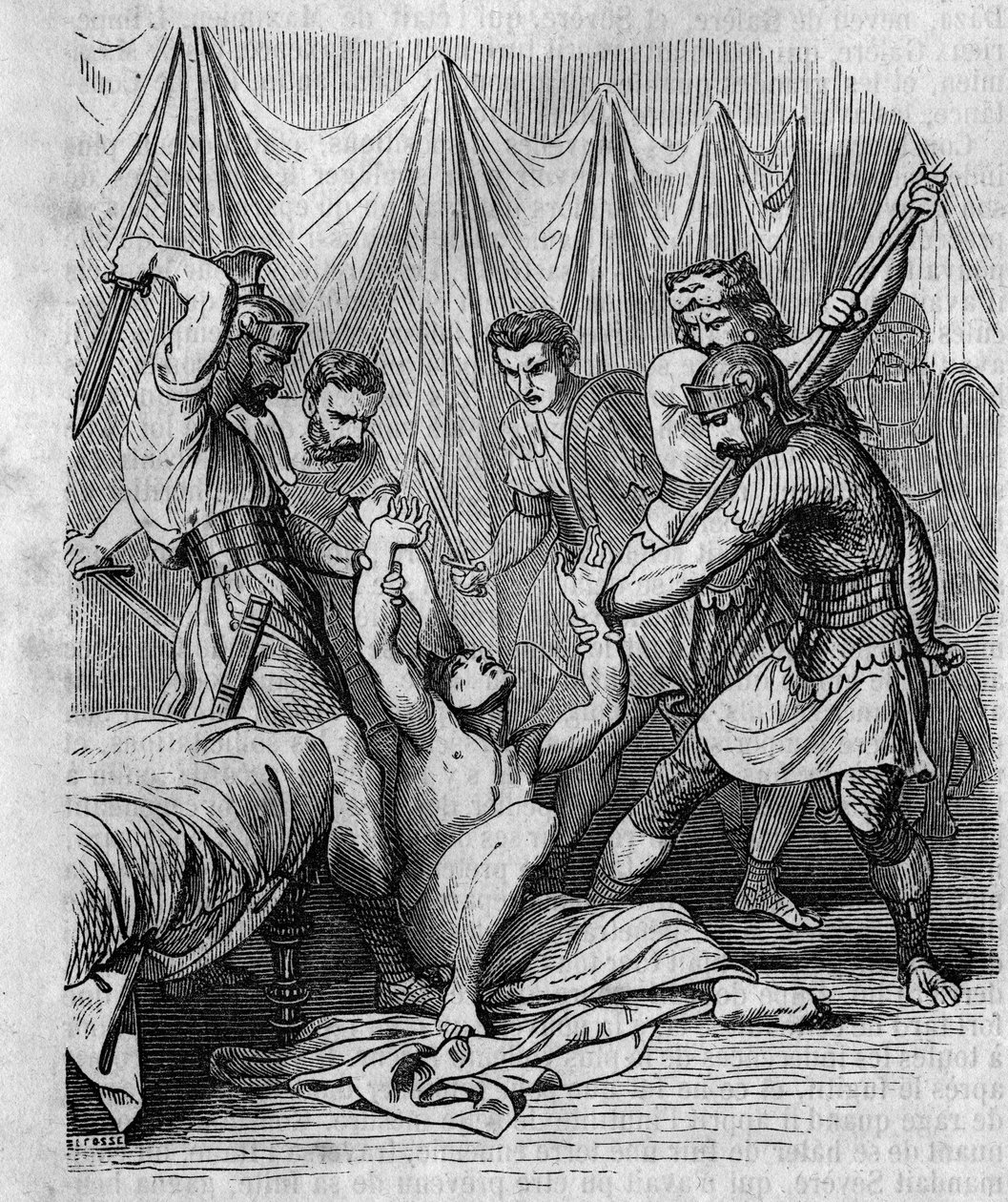 Marco Ordeonio Flacco senatore romano massacrato dai suoi stessi soldati nel I secolo. Incisione del XIX secolo. da Unknown artist