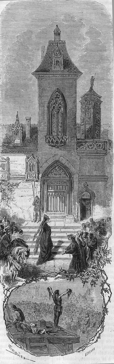 Maria di Borgogna chiede la grazia per i suoi ministri. Morte di Hugonat e del Signore di Humbercourt il 3 aprile 1477. Incisione del XIX secolo. da Unknown artist
