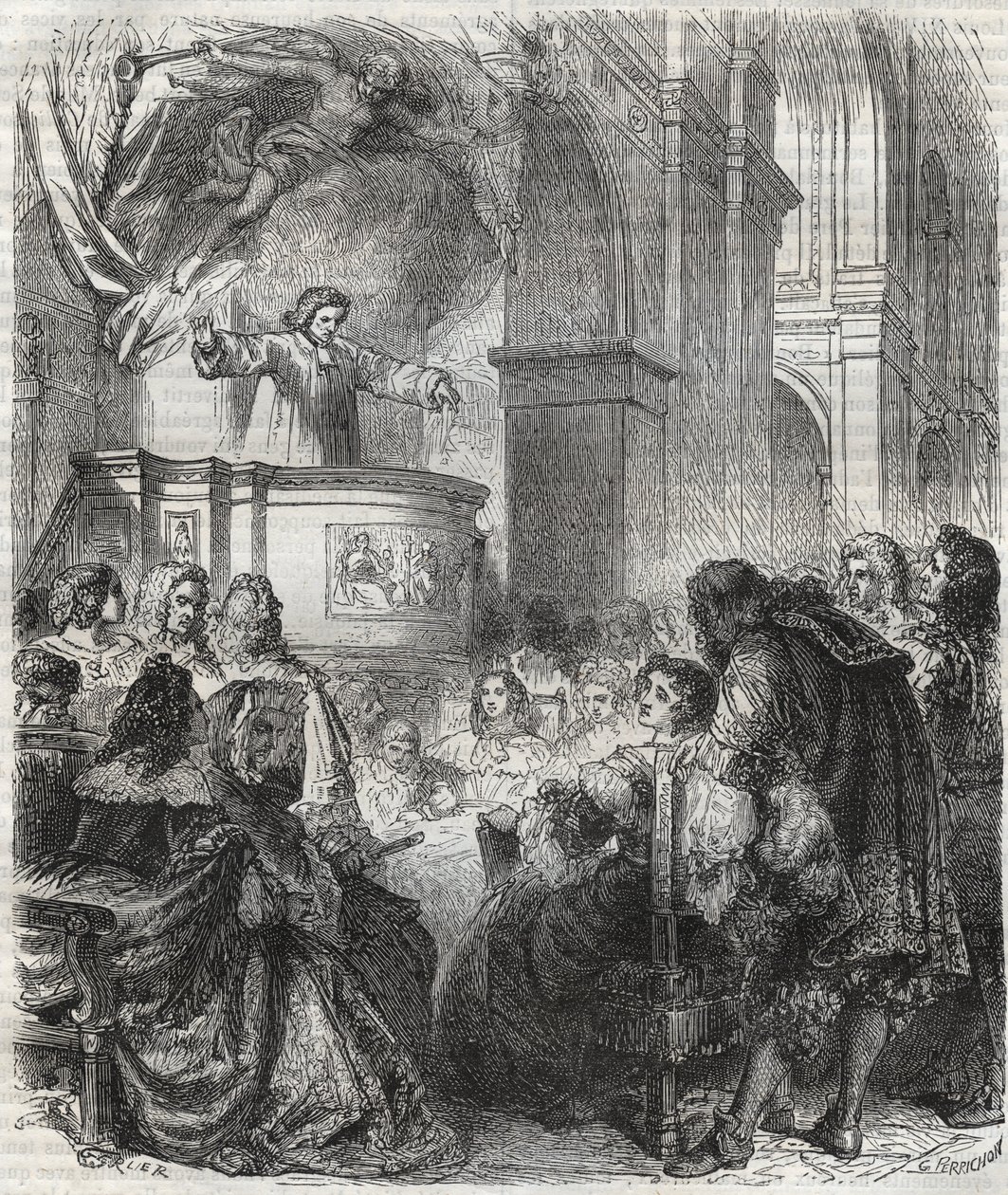 Maria de Rabutin-Chantal, Marchesa di Sévigné conosciuta come Madame de Sévigné (1626-1696), ascolta Louis Bourdaloue (1632-1704) alla chiesa dei gesuiti, Saint-Louis a Parigi - incisione del 1866 da Unknown artist