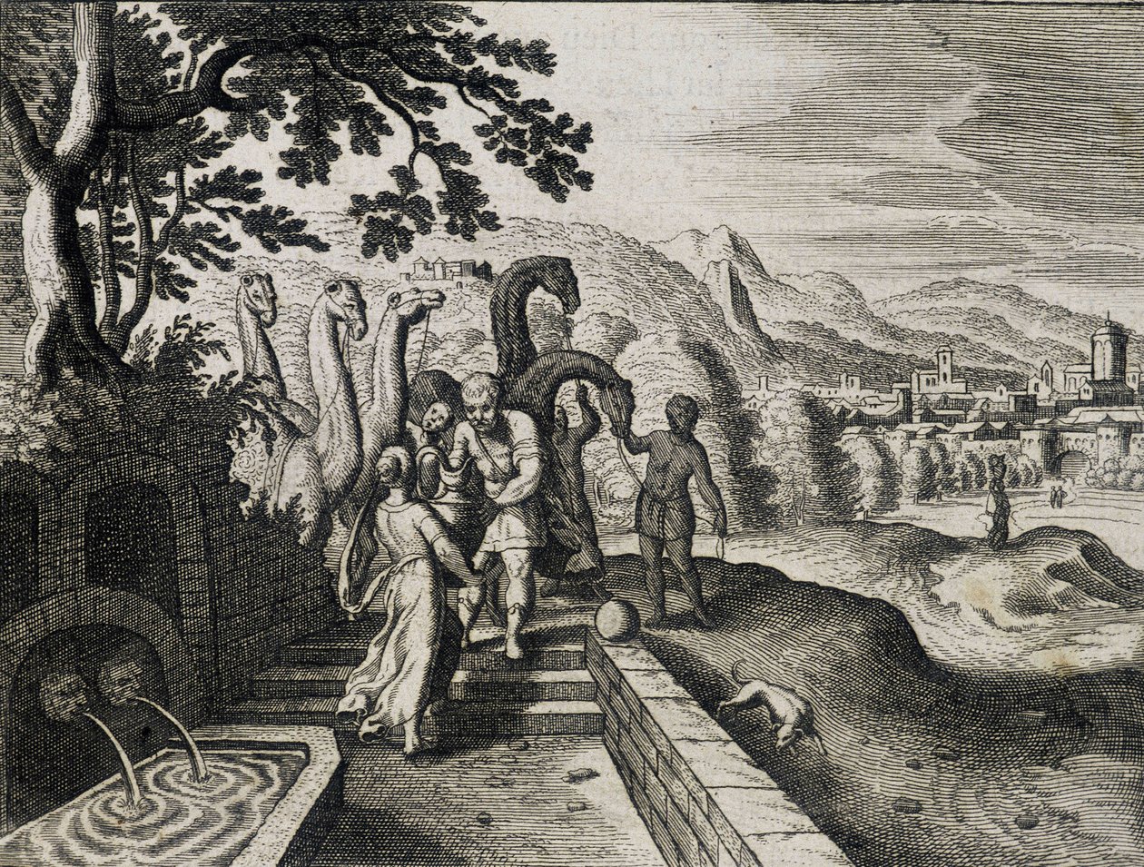 Matrimonio di Isacco e Rebecca. Incisione da una Bibbia del XVII secolo da Unknown artist
