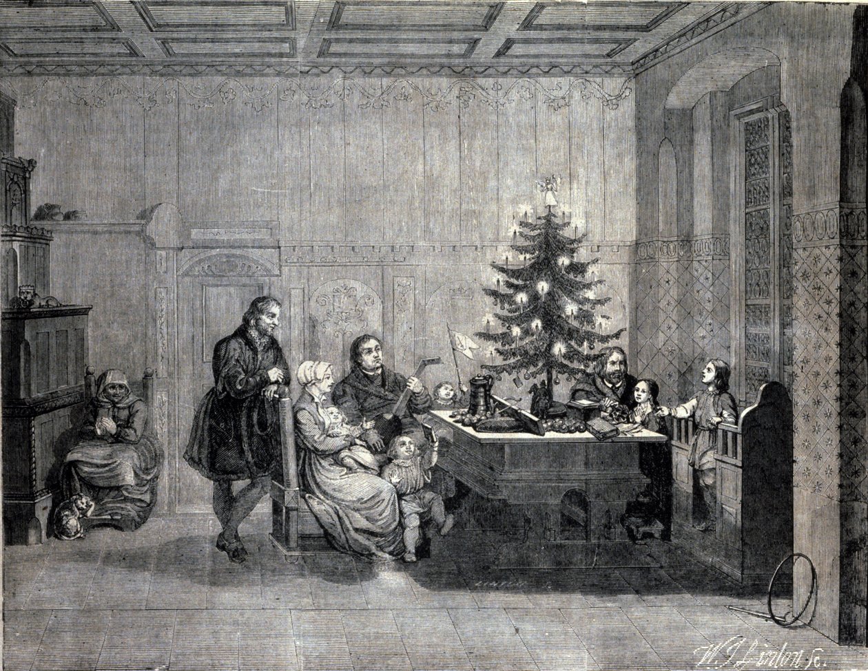 Martin Lutero (1483-1546) riformatore religioso tedesco che celebra il Natale con la famiglia. Incisione del XIX secolo da Unknown artist