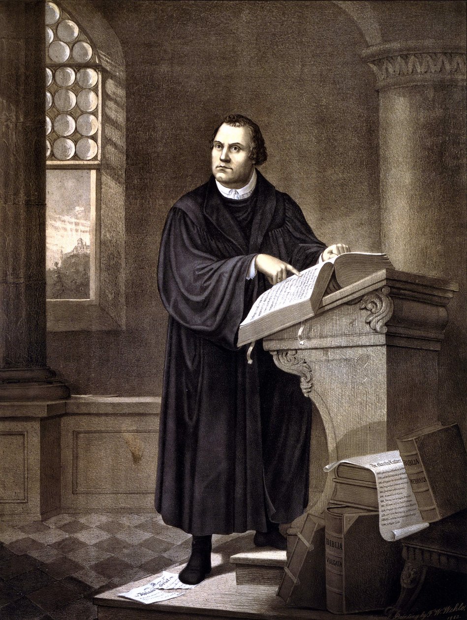 Martin Lutero (1483 - 1546) che legge in una chiesa da Unknown artist