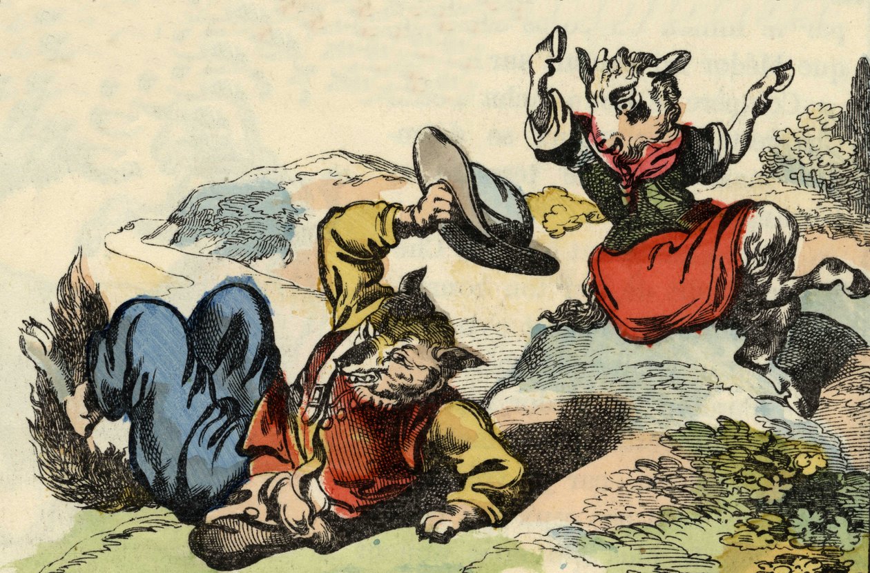 Maestro volpe gioca con Piccola Capretta. Illustrazione del racconto 