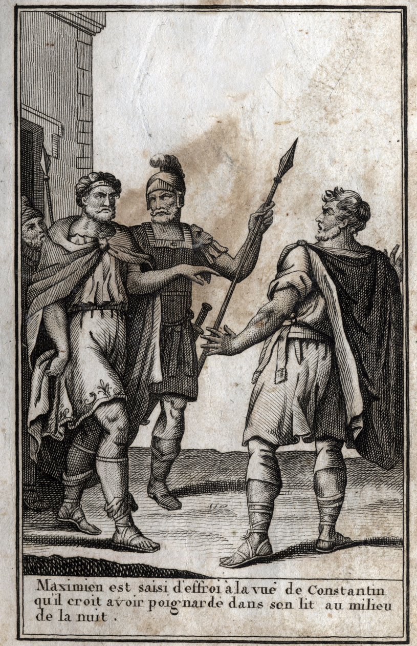 Massimiano Ercole (Marcus Aurelius Valerius Maximianus) (circa 250-310), imperatore romano, è preso dalla paura alla vista di Costantino (Costantino I, Flavio Valerio Aurelio Costantino, 272-306), suo genero, che pensa di aver pugnalato nel suo letto da Unknown artist