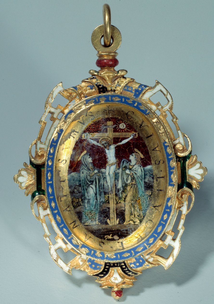 Medaglione in smalto su oro rotondo decorato con crocifissione e fuga in Egitto da Unknown artist
