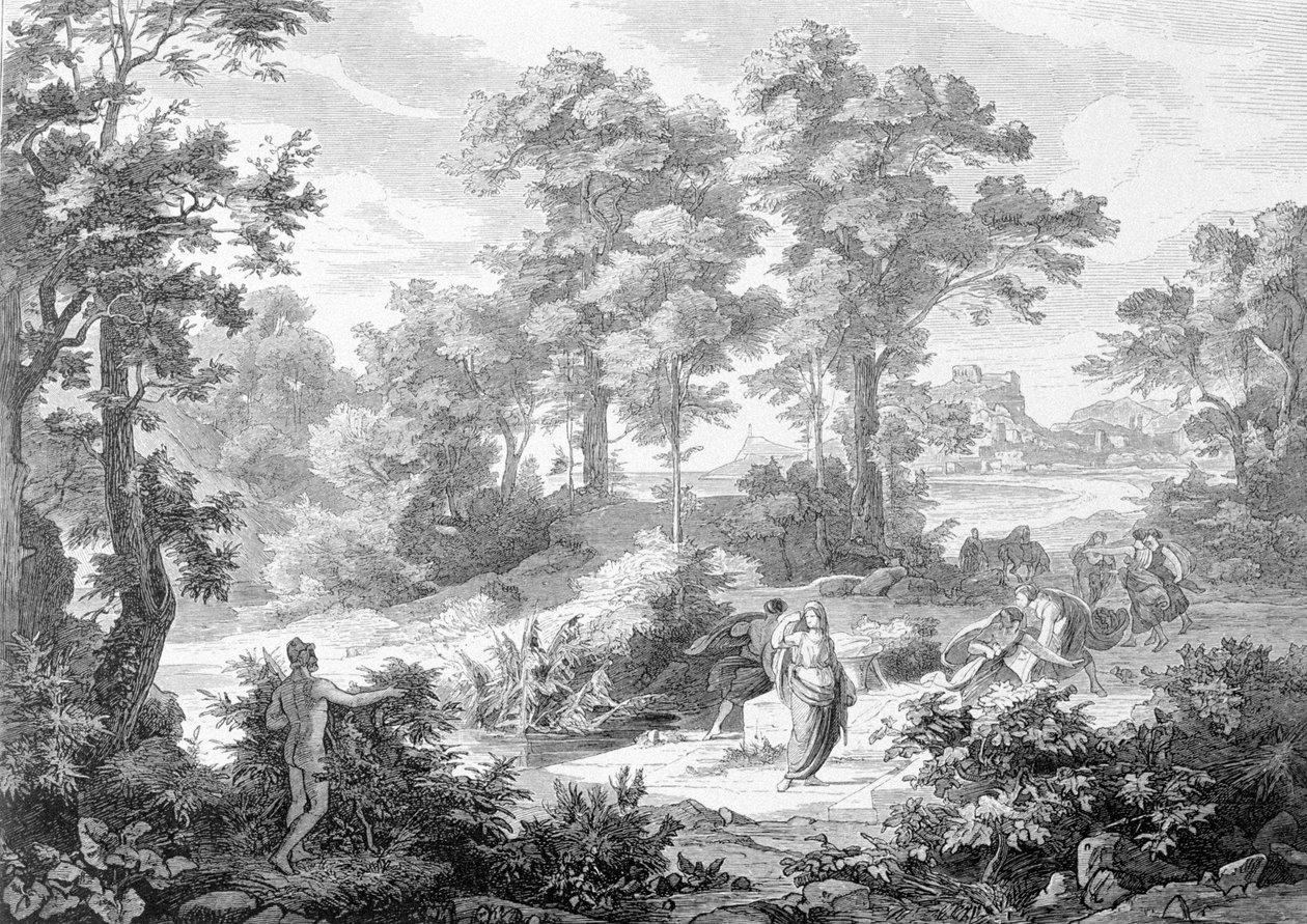 Incontro tra Ulisse che giaceva vicino a un fiume e Nausicaa. Incisione della fine del XIX secolo da Unknown artist