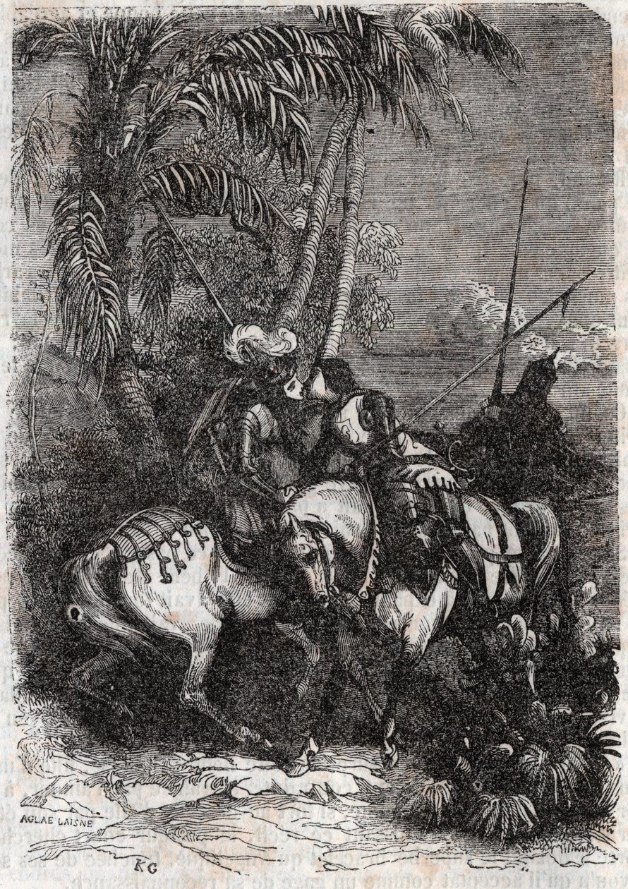 Incontro di Marfisa, Astolfo e Sansonetto - incisione del 1851 da "Orlando furioso" (XVI secolo) di Ludovico Ariosto, noto come l