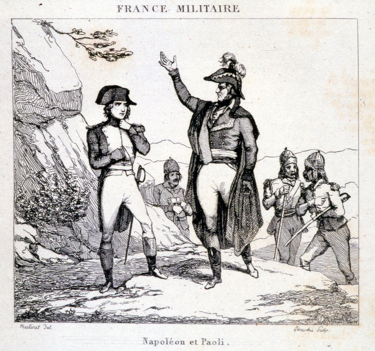 Incontro di Napoleone Bonaparte e Pasquale Paoli (1725 - 1807), patriota corso. Incisione del XIX secolo da Unknown artist