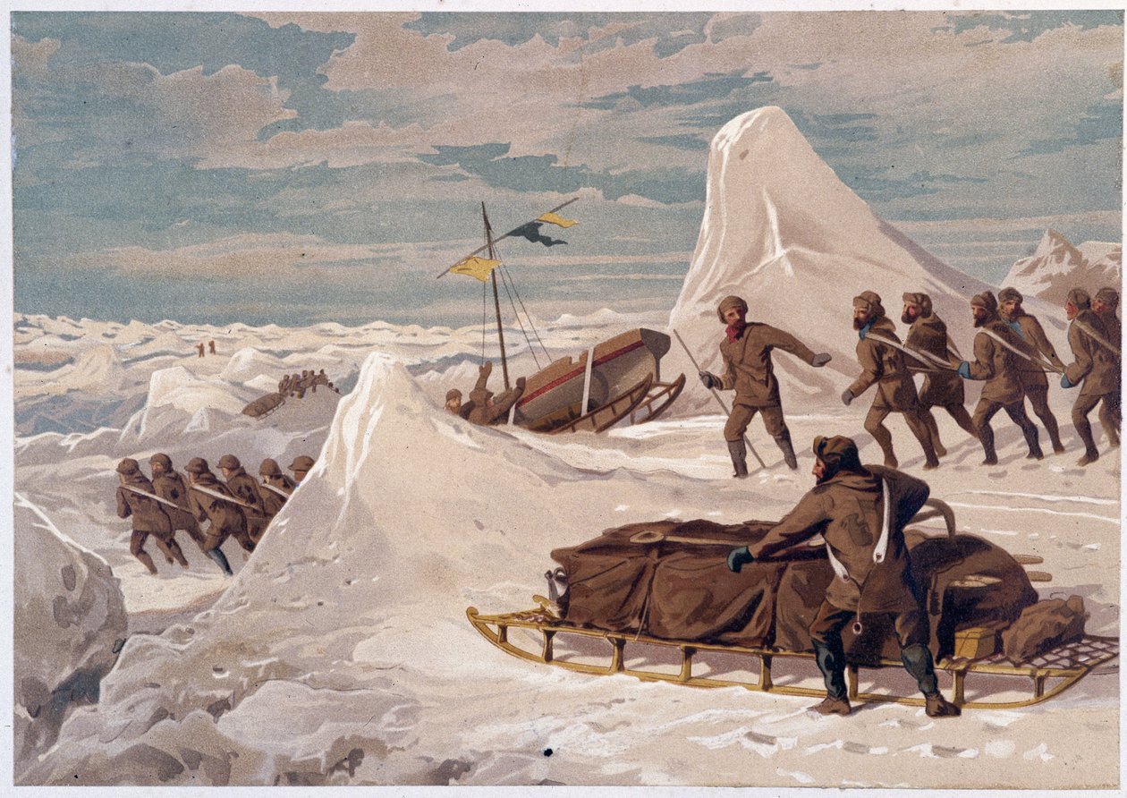 Uomini e slitte - in "Le coste del mare polare, narrazione di una spedizione artica", di Dr. Edward Moos, Marcus Nard & Co, Londra da Unknown artist