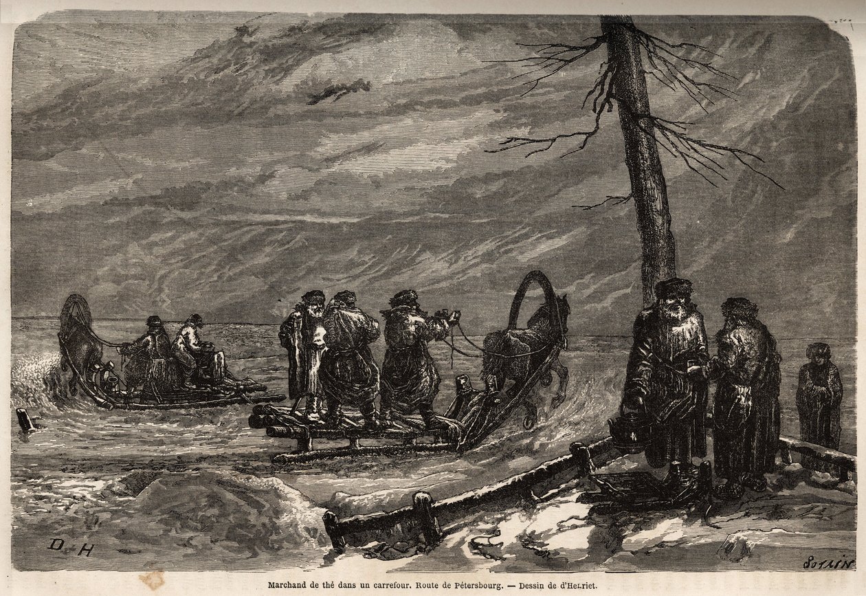 Mercante ambulante, a un incrocio innevato della strada per San Pietroburgo. Disegno di Henriet, per illustrare il suo viaggio nelle province baltiche russe nel 1851-54. Incisione in "Le tour du monde", a cura di Edouard Charton. da Unknown artist