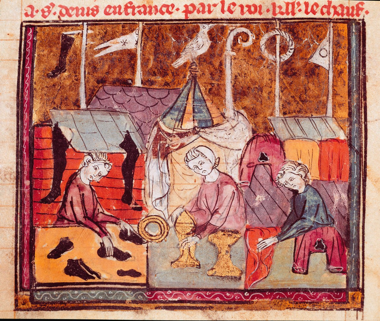 Mercanti (calzolaio, orefice, mercante di tessuti) alla fiera di Lendit vicino a Saint Denis. Miniatura tratta da 