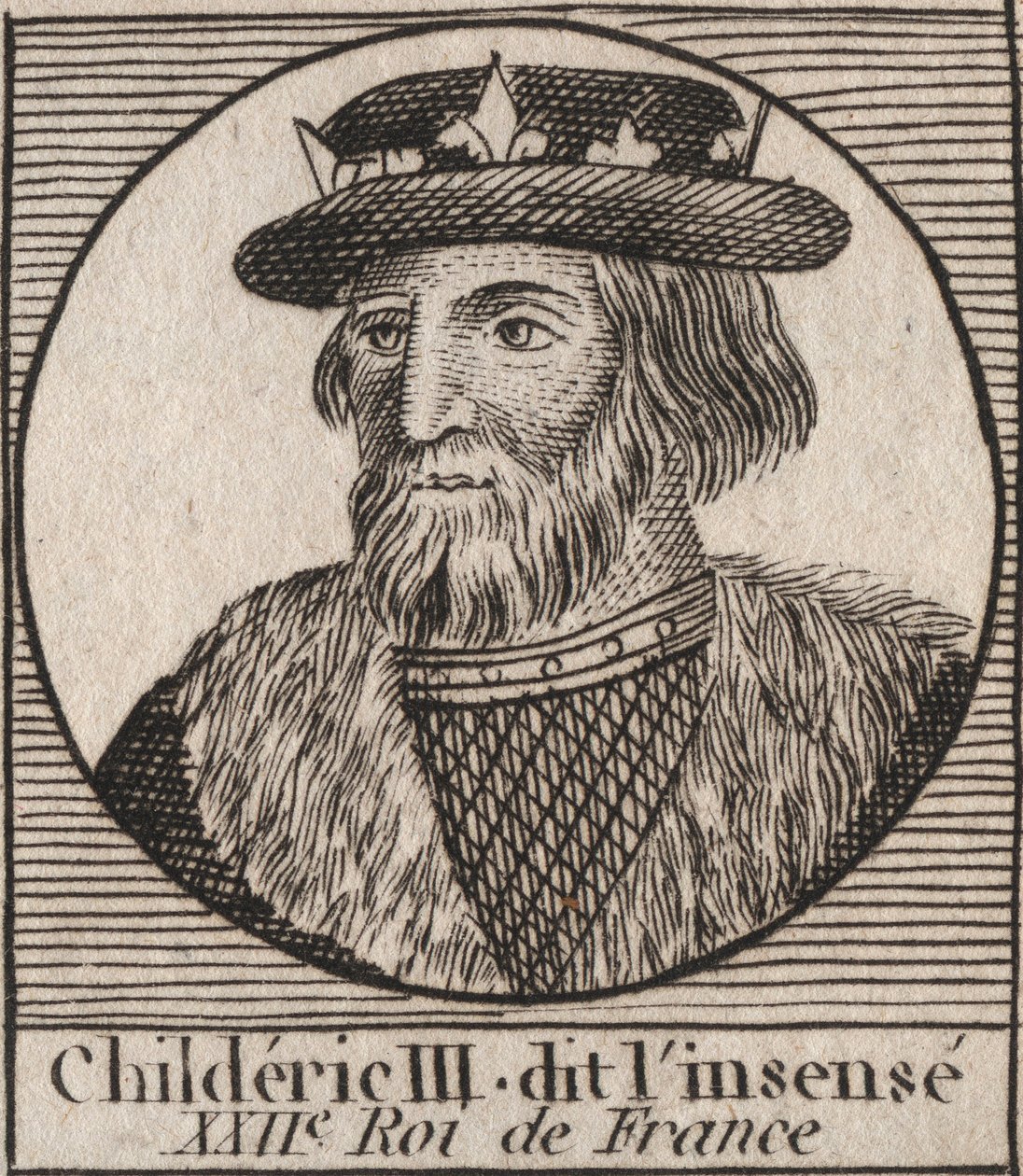 Dinastia Merovingia: Ritratto di Childerico III (714-755) Re dei Franchi - incisione da "Instruction sur l