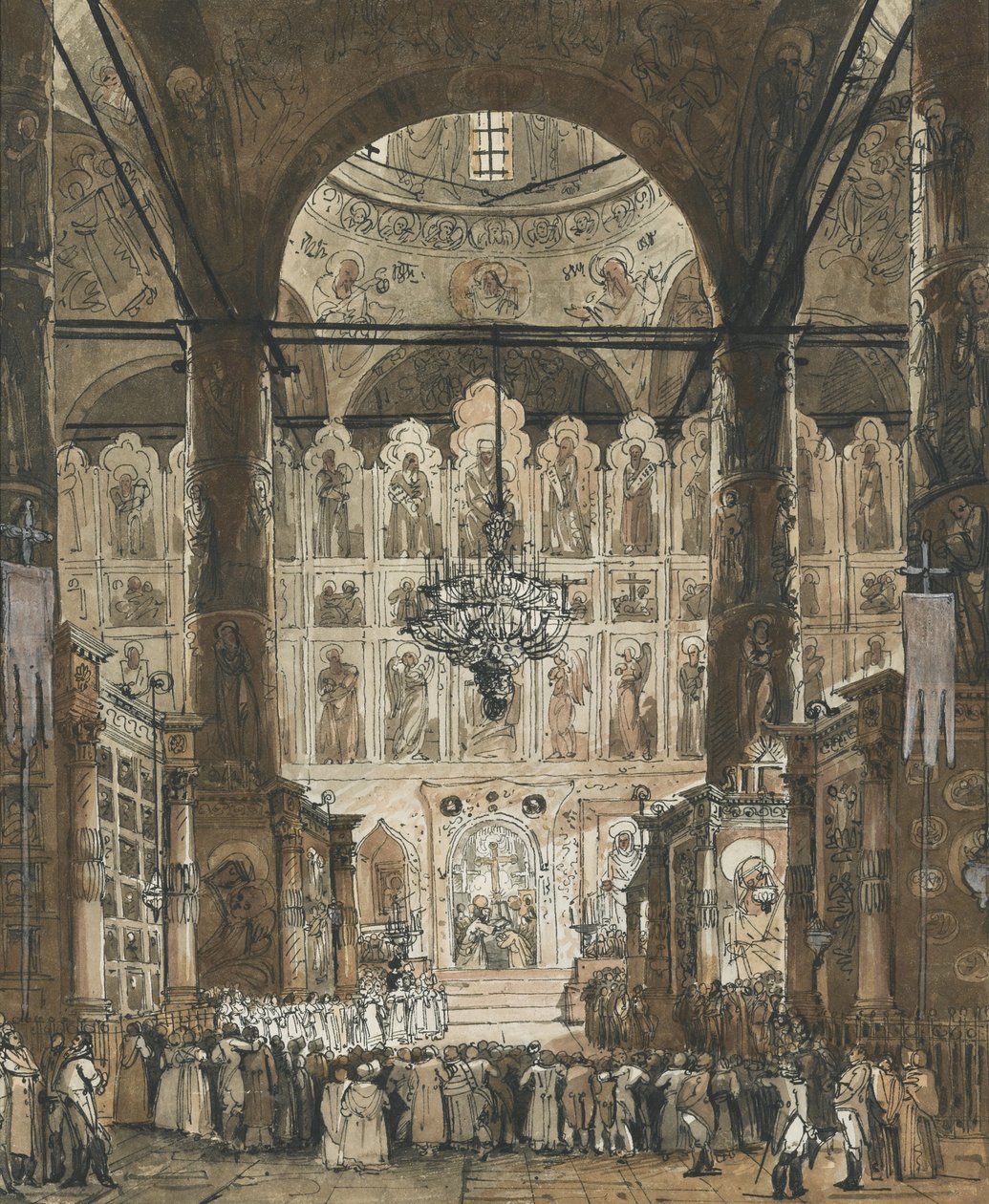 Messa alla cattedrale della Dormizione del Cremlino a Mosca, Russia da Unknown artist