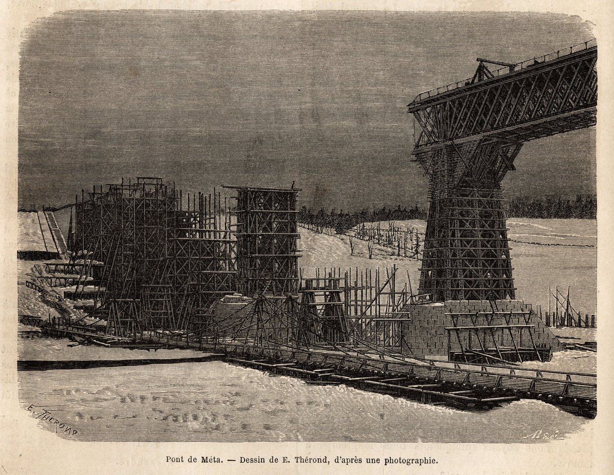 Ponte Meta (Ucraina), in costruzione. Incisione per illustrare 
