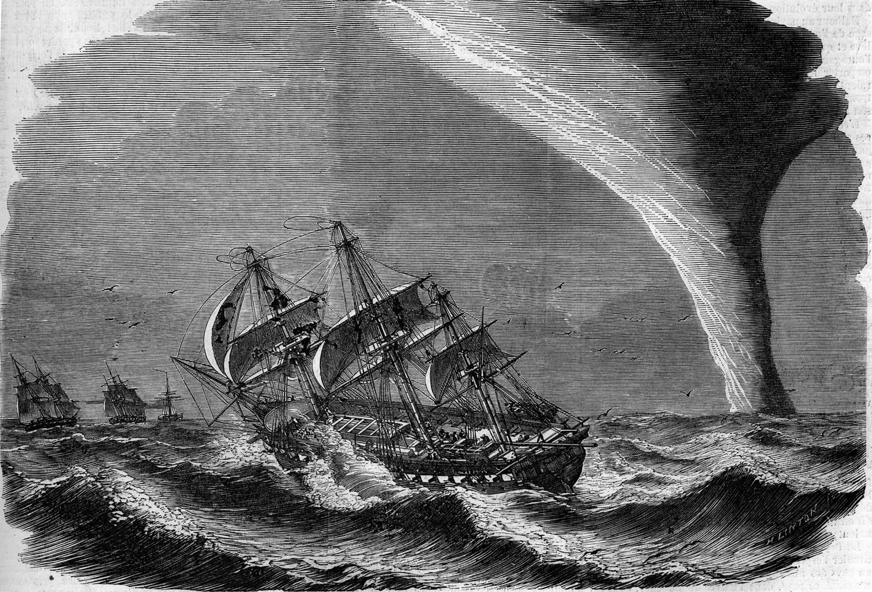 Fenomeno meteorologico: una tromba marina. Incisione di Linton in "The Illustrous World" n.49 del 20 marzo 1858. da Unknown artist